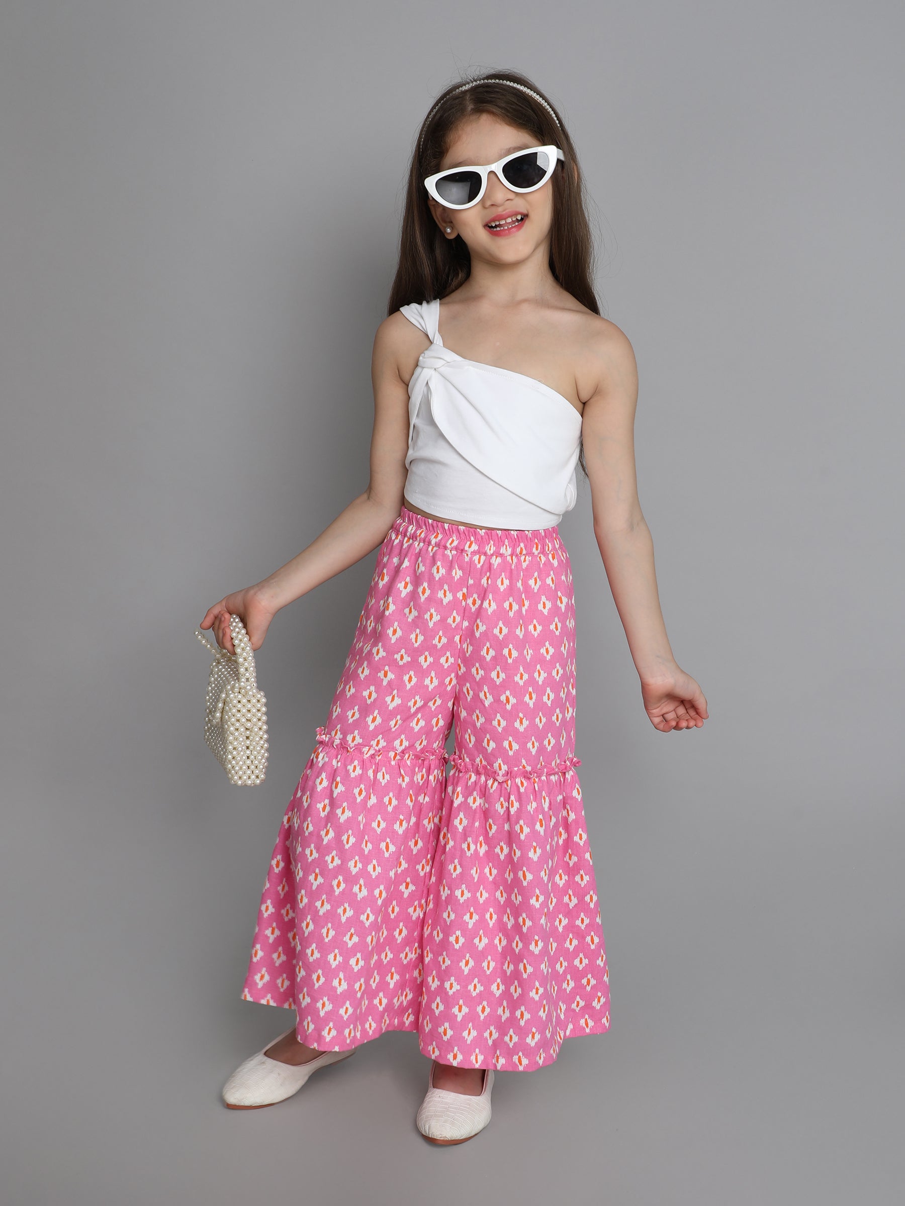 solid Sleeveless asymmetric crop top with ikkat printed tier pant set-White/Pink
