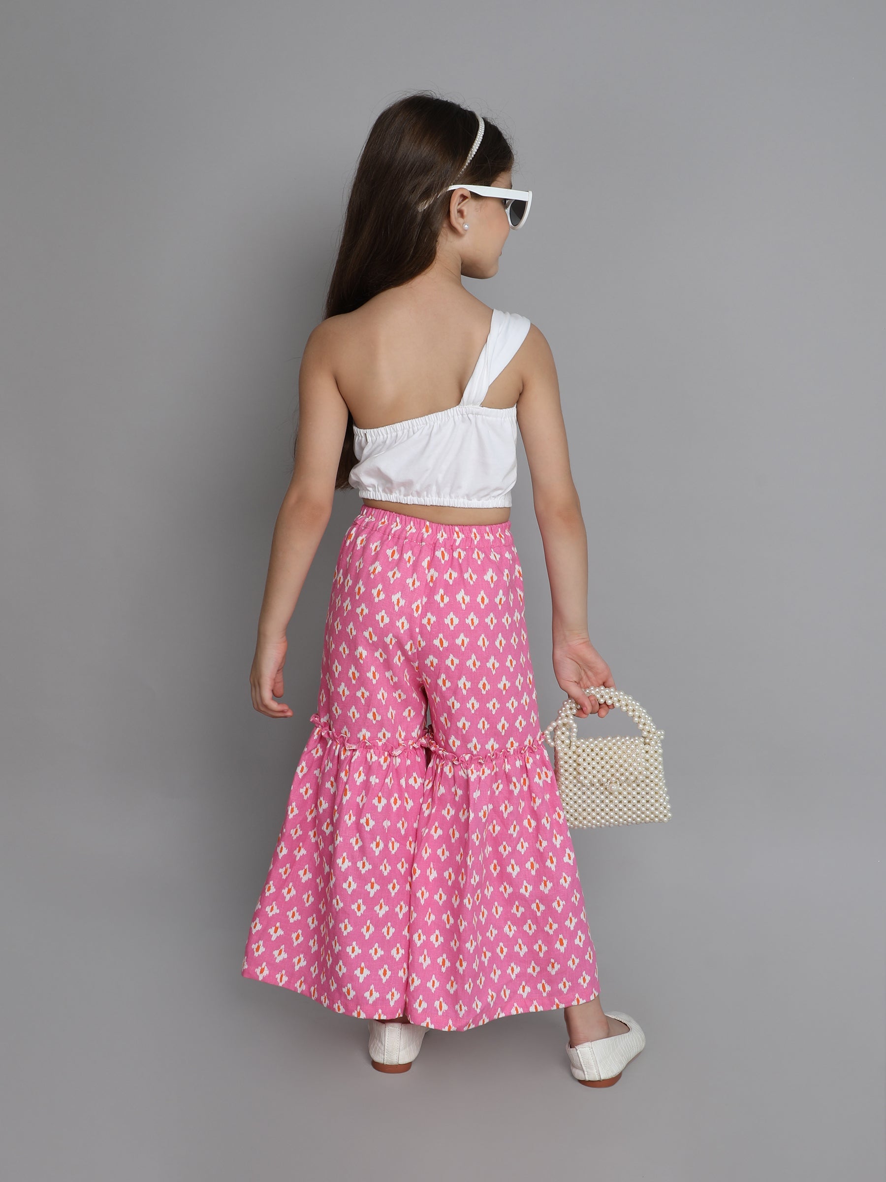 solid Sleeveless asymmetric crop top with ikkat printed tier pant set-White/Pink