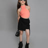 sleeveless halter neck top and checks texture asymmetric skirt set-Peach/black