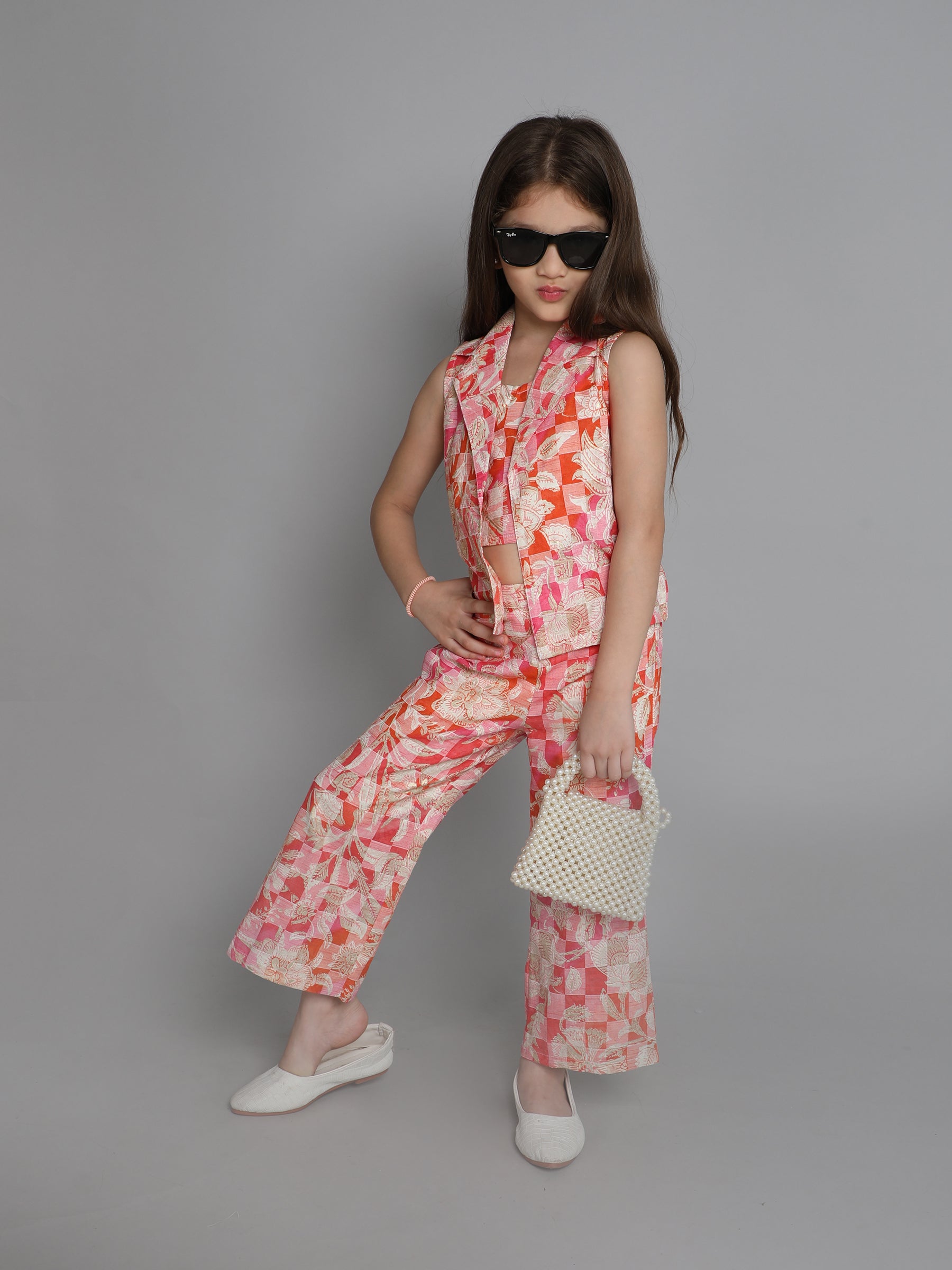 Taffykids dobby checks and floral printed Sleeveless jacket with matching pant and singlet crop top set-Multi