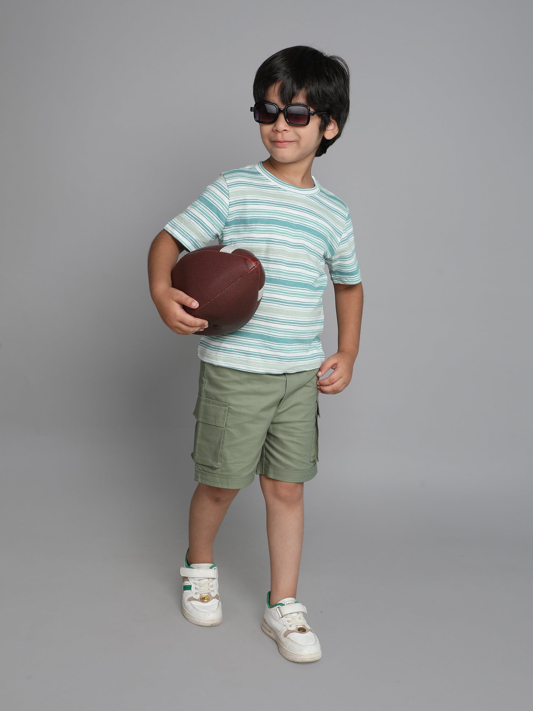 Cotton Yarn dyed stripe half sleeves tee and cargo short set-Green