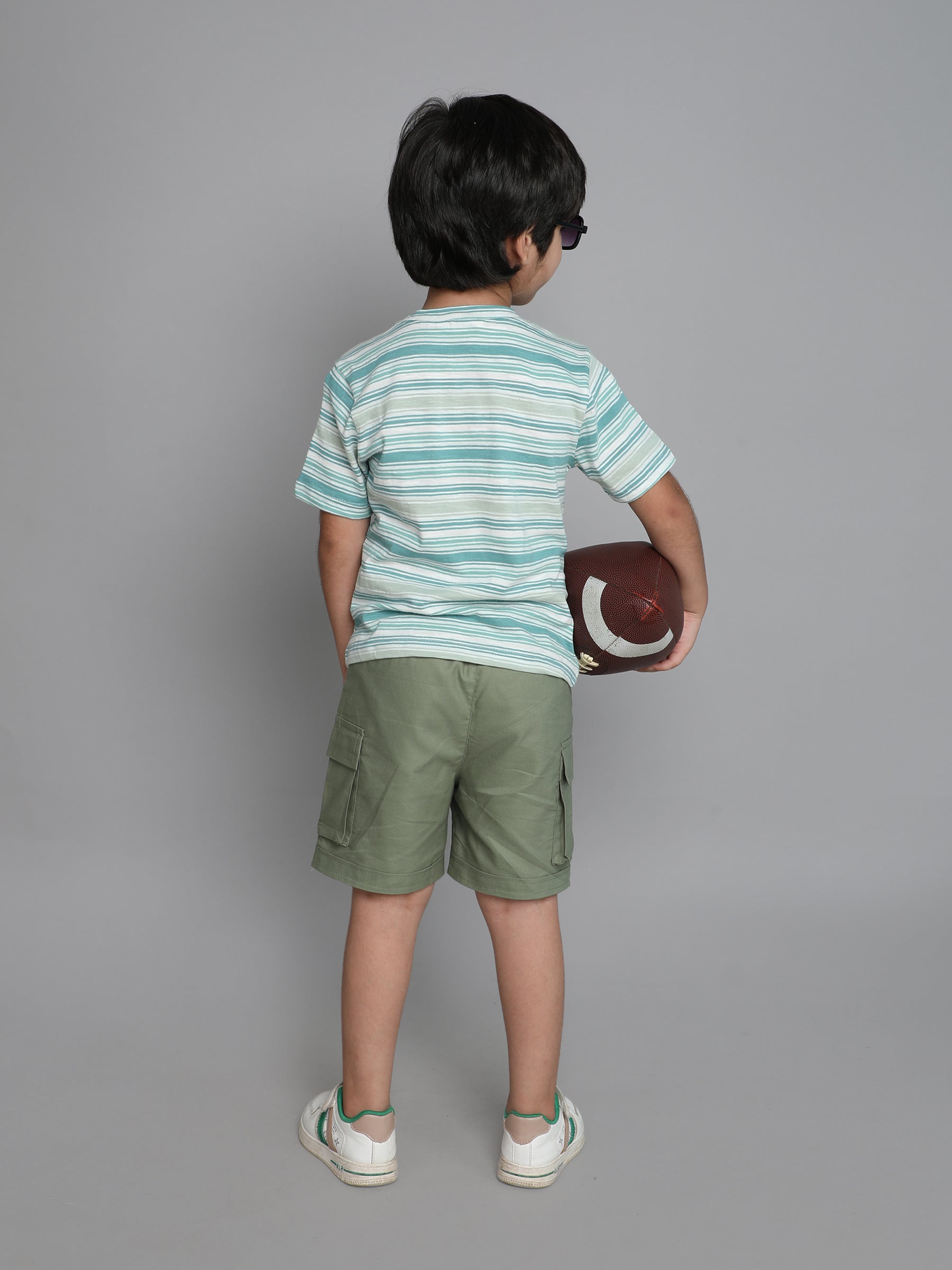 Cotton Yarn dyed stripe half sleeves tee and cargo short set-Green