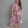 Taffy floral printed shoulder tie up ethnic peplum crop top with matching lace detail palazo pant set-Purple/Multi