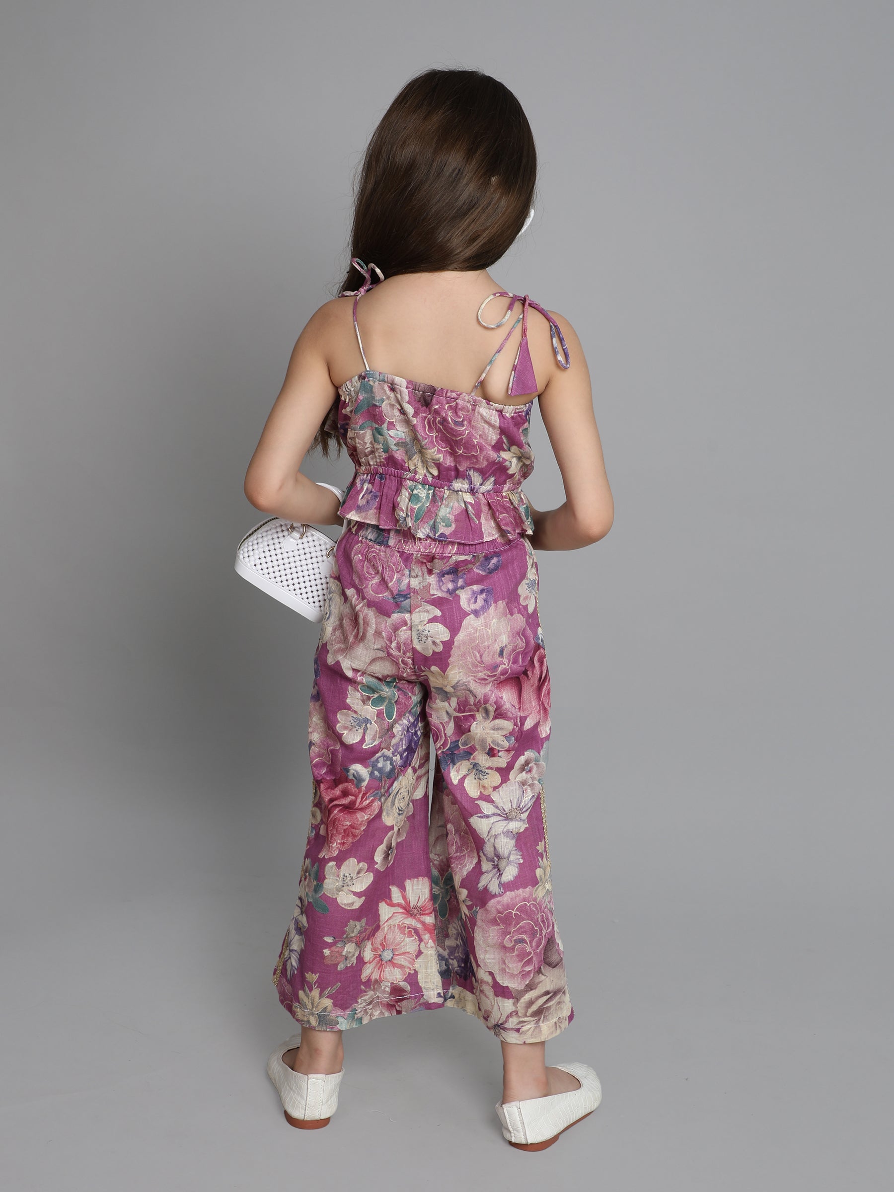 Taffy floral printed shoulder tie up ethnic peplum crop top with matching lace detail palazo pant set-Purple/Multi