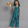 ikkat printed Sleeves Asymmetric hem ethnic wrap top with matching pant set-Teal blue