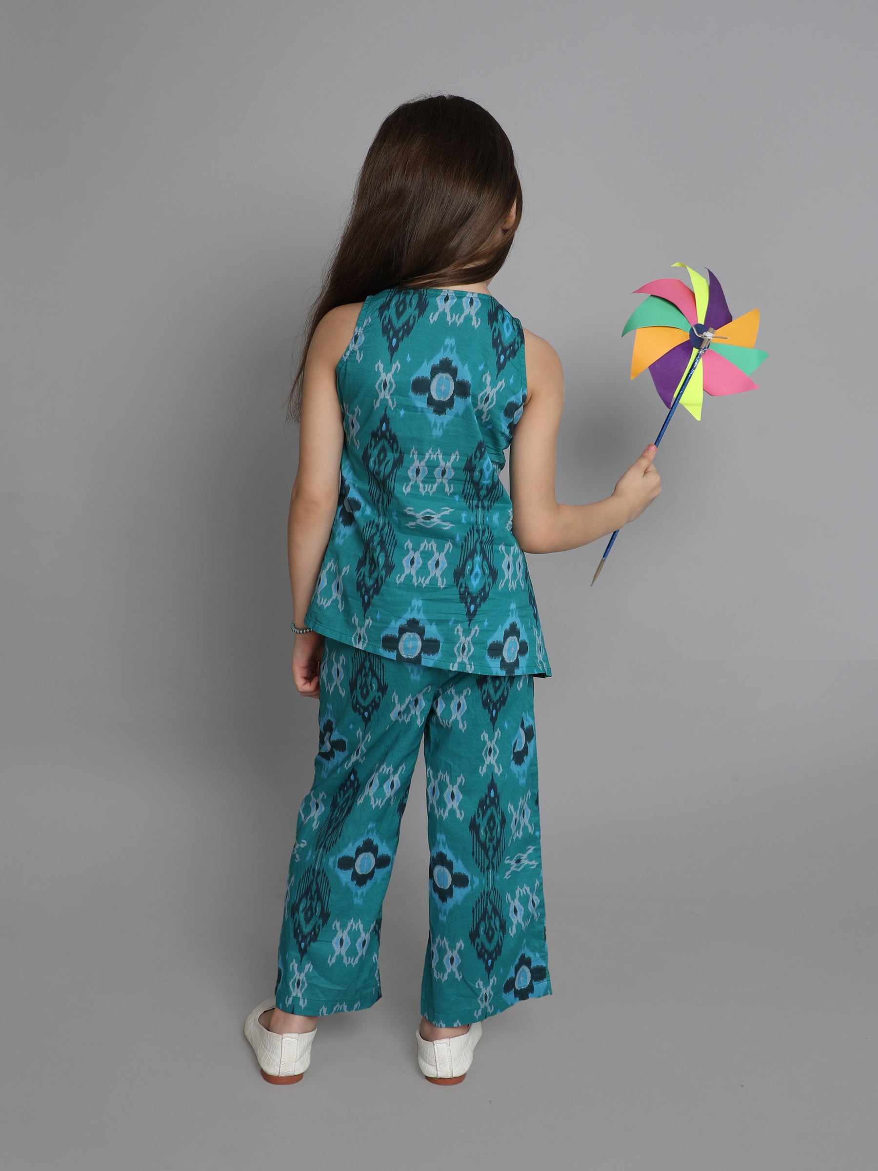 ikkat printed Sleeves Asymmetric hem ethnic wrap top with matching pant set-Teal blue