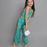 Tropical printed Overlap back tie-up halter crop top and matching pant set-Green