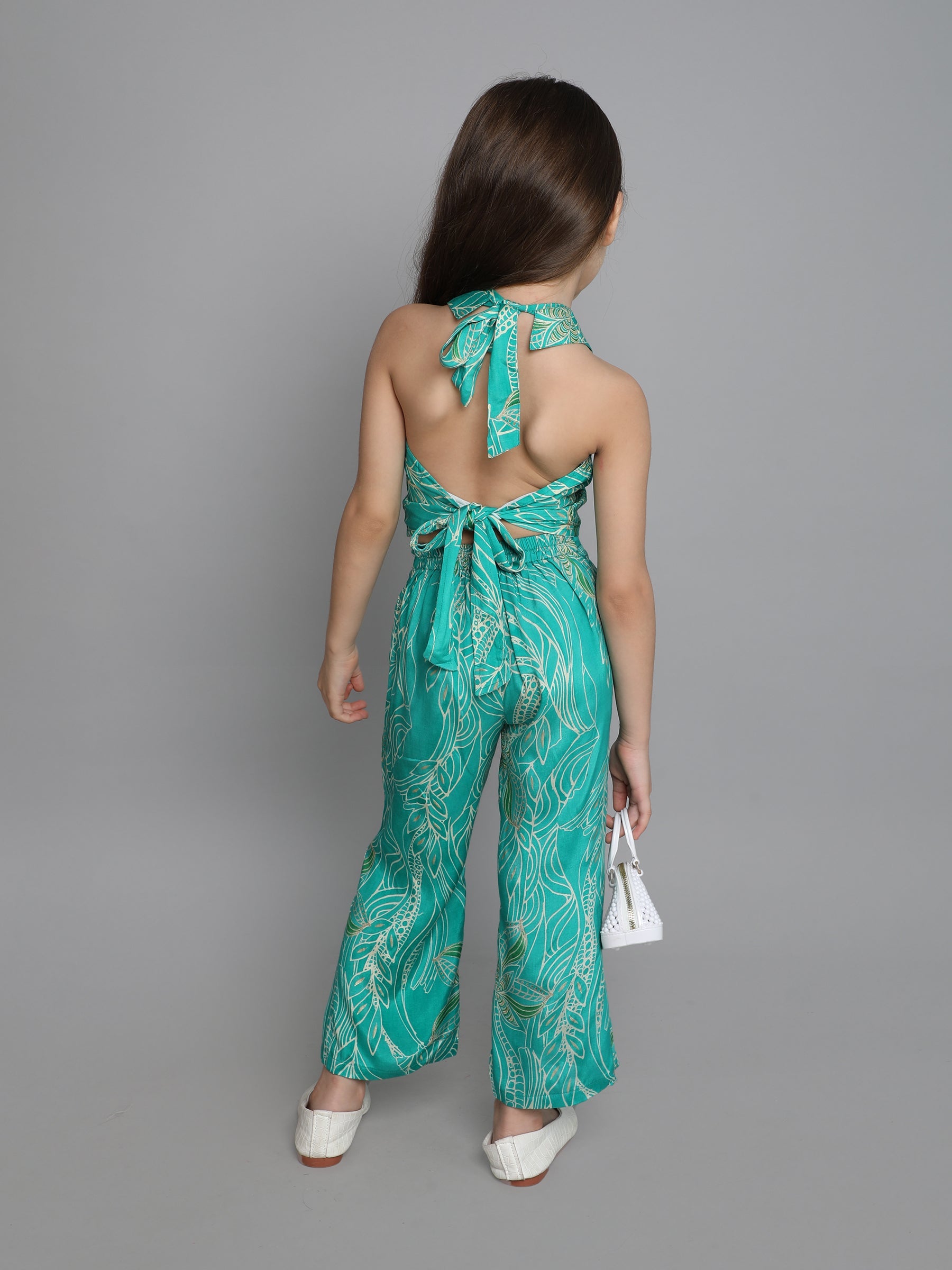 Tropical printed Overlap back tie-up halter crop top and matching pant set-Green