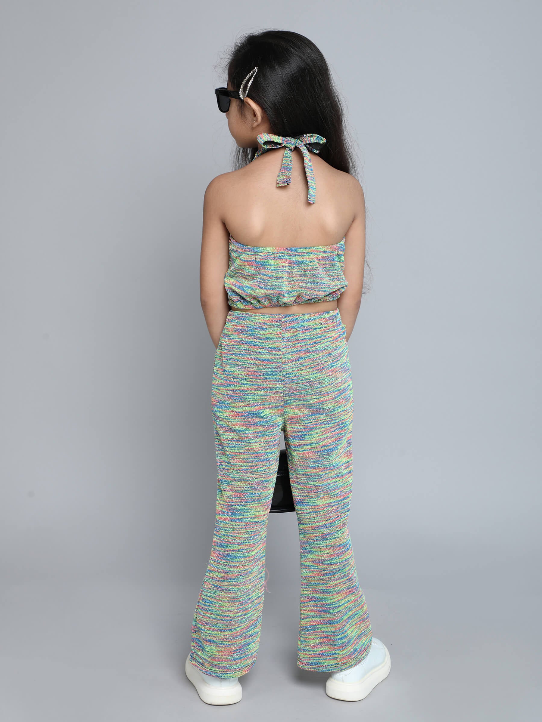 halter tie-up cutout crop top with matching bell bottom pant set-Multi