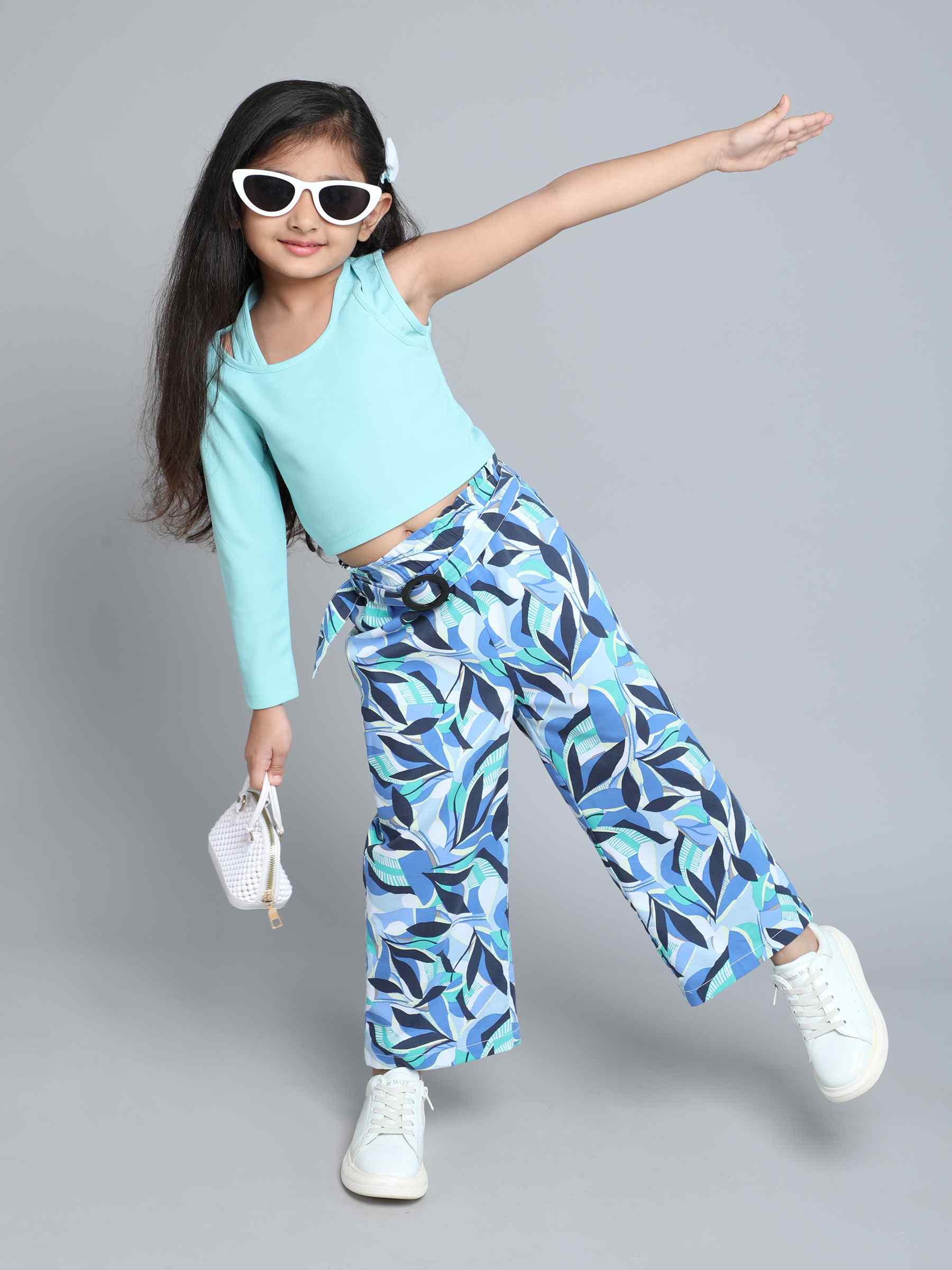 asymmetric one sleeve top with tropical printed buckle detail pant set - Aqua blue