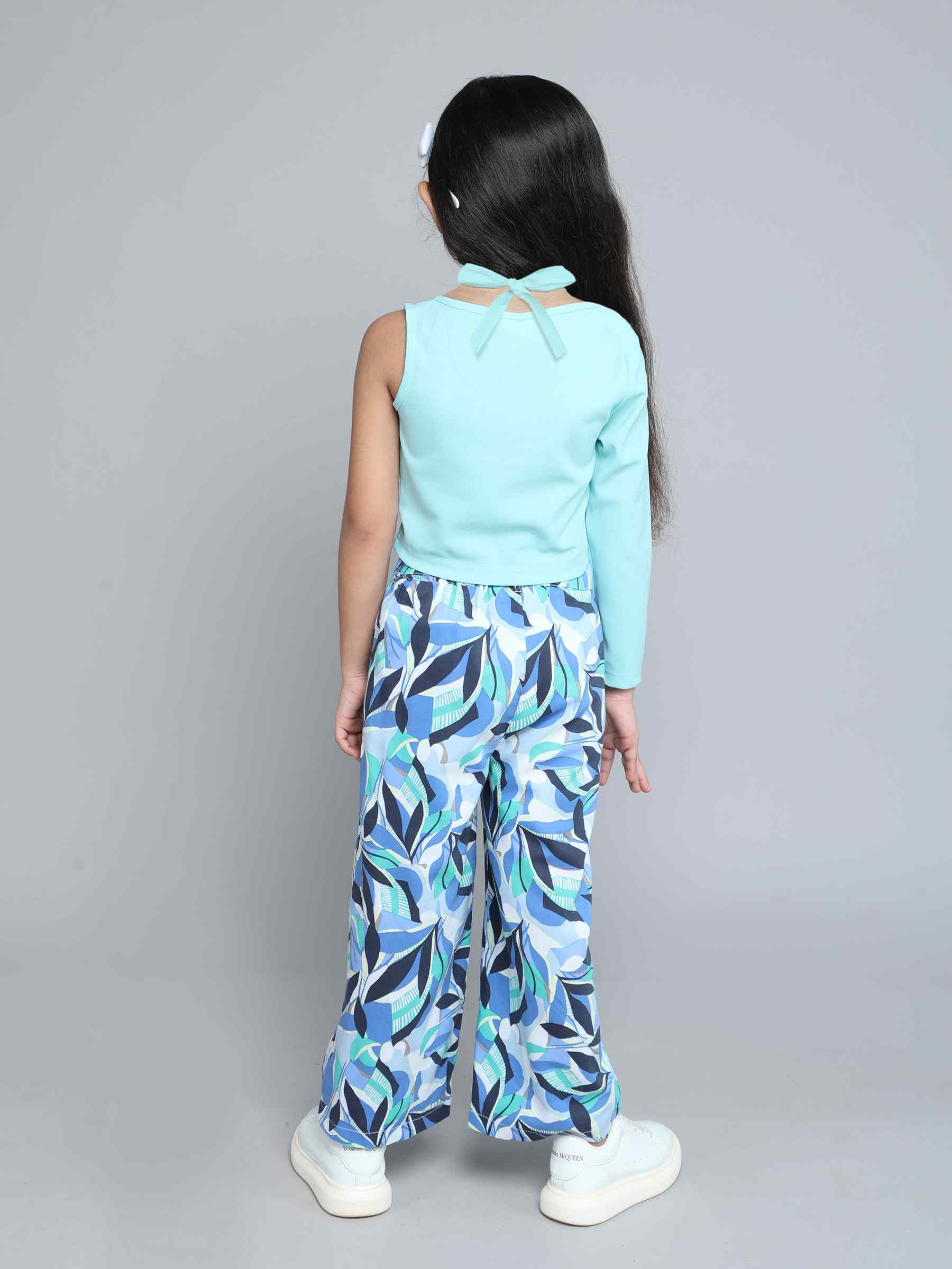 asymmetric one sleeve top with tropical printed buckle detail pant set - Aqua blue