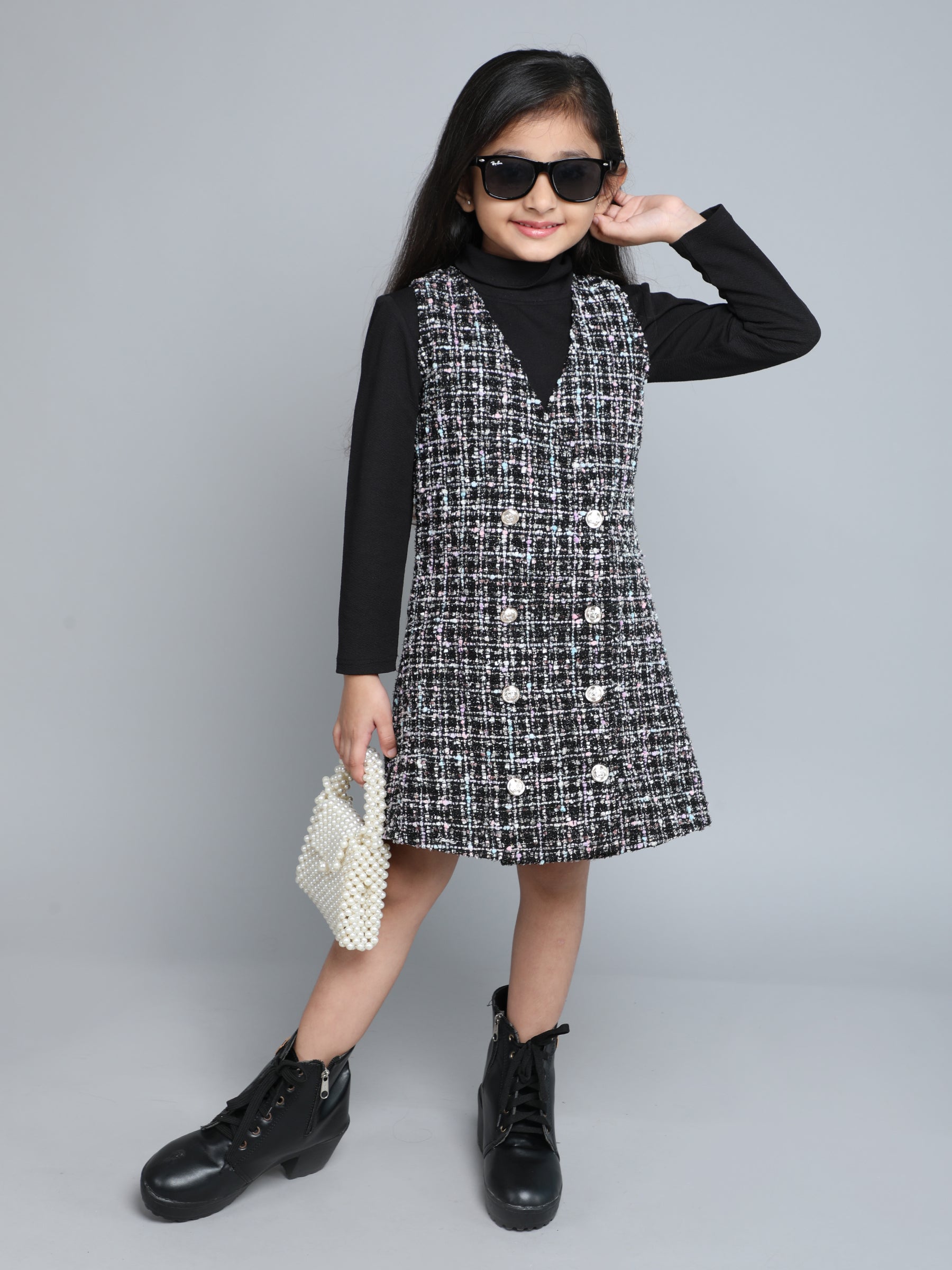 polo neck full sleeve inner top with tweed dungree dress - Black