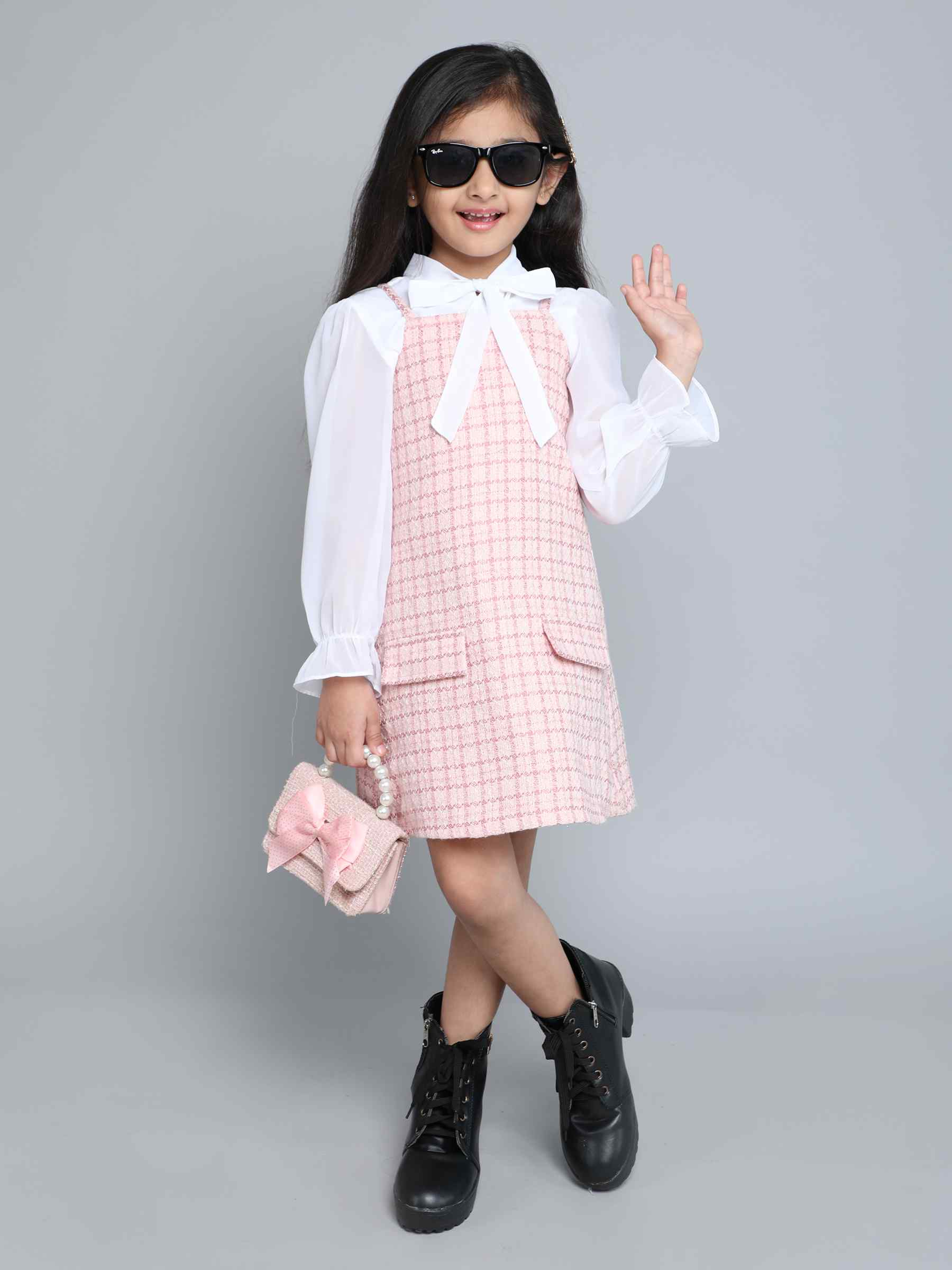 neck tie up blouse with tweed dungaree dress - White / Pink