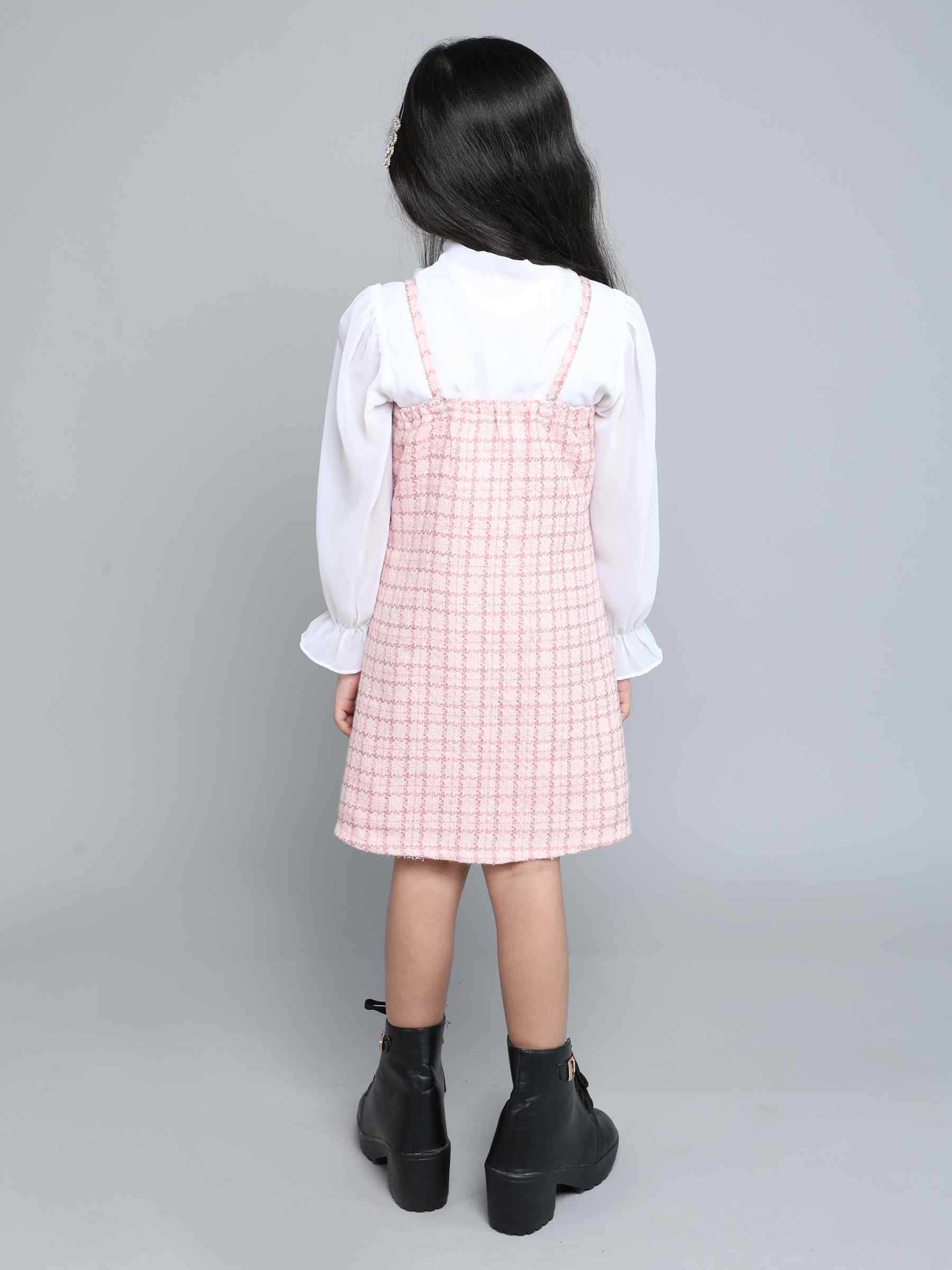 neck tie up blouse with tweed dungaree dress - White / Pink