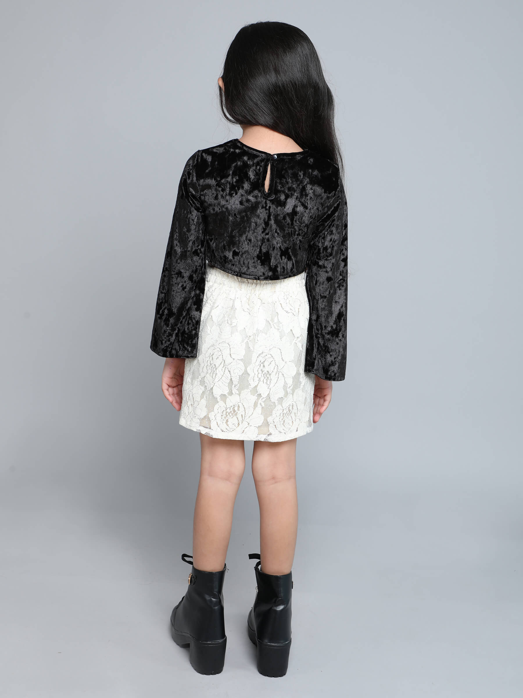 velvet flared sleeve cutout crop top with  rose weaved lace skirt - Black / Cream