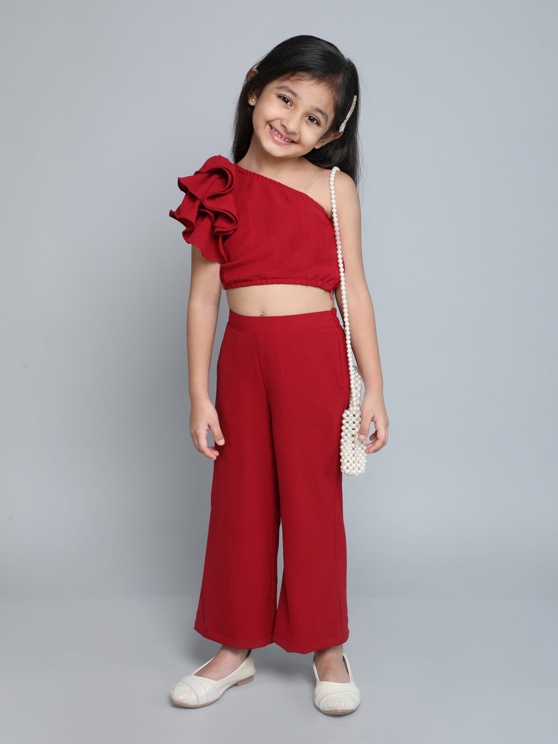 one shoulder ruffle detail crop top and matching pant set-Wine