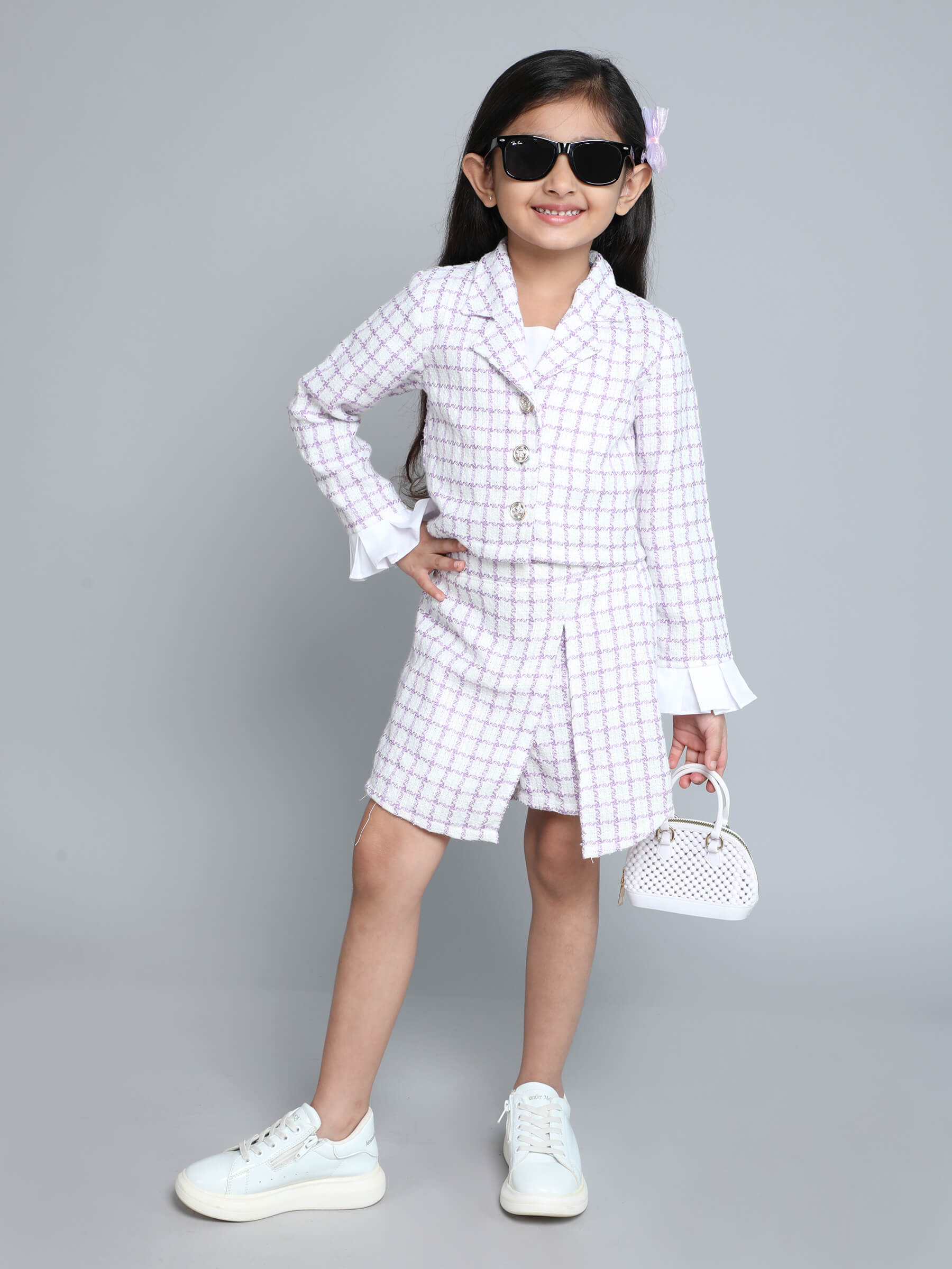 tweed jacket with frill detail sleeves with matching skort and inner set - Lilac / White