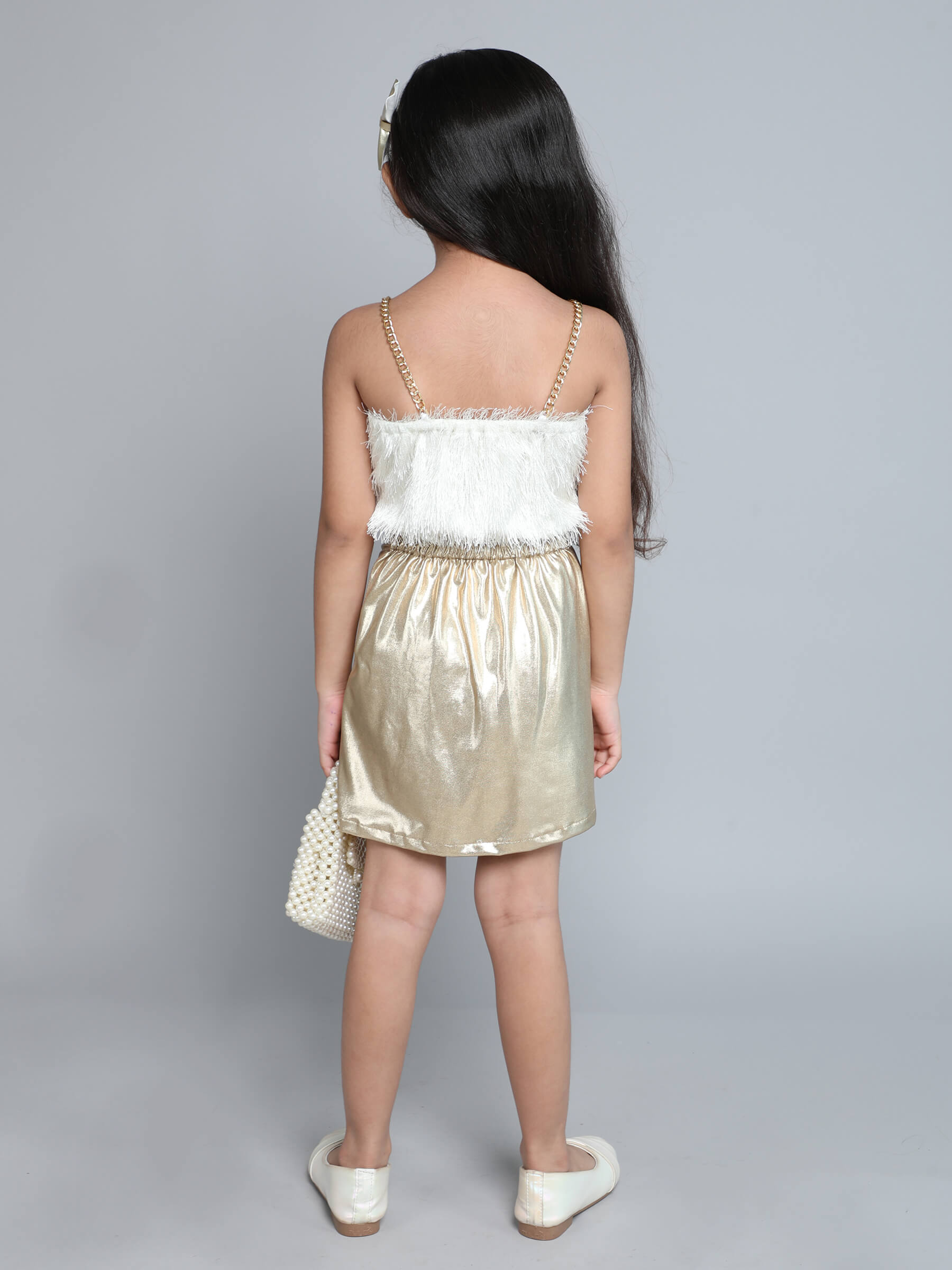 Fur singlet party crop top and golden metallic slit skirt set-off White/Gold