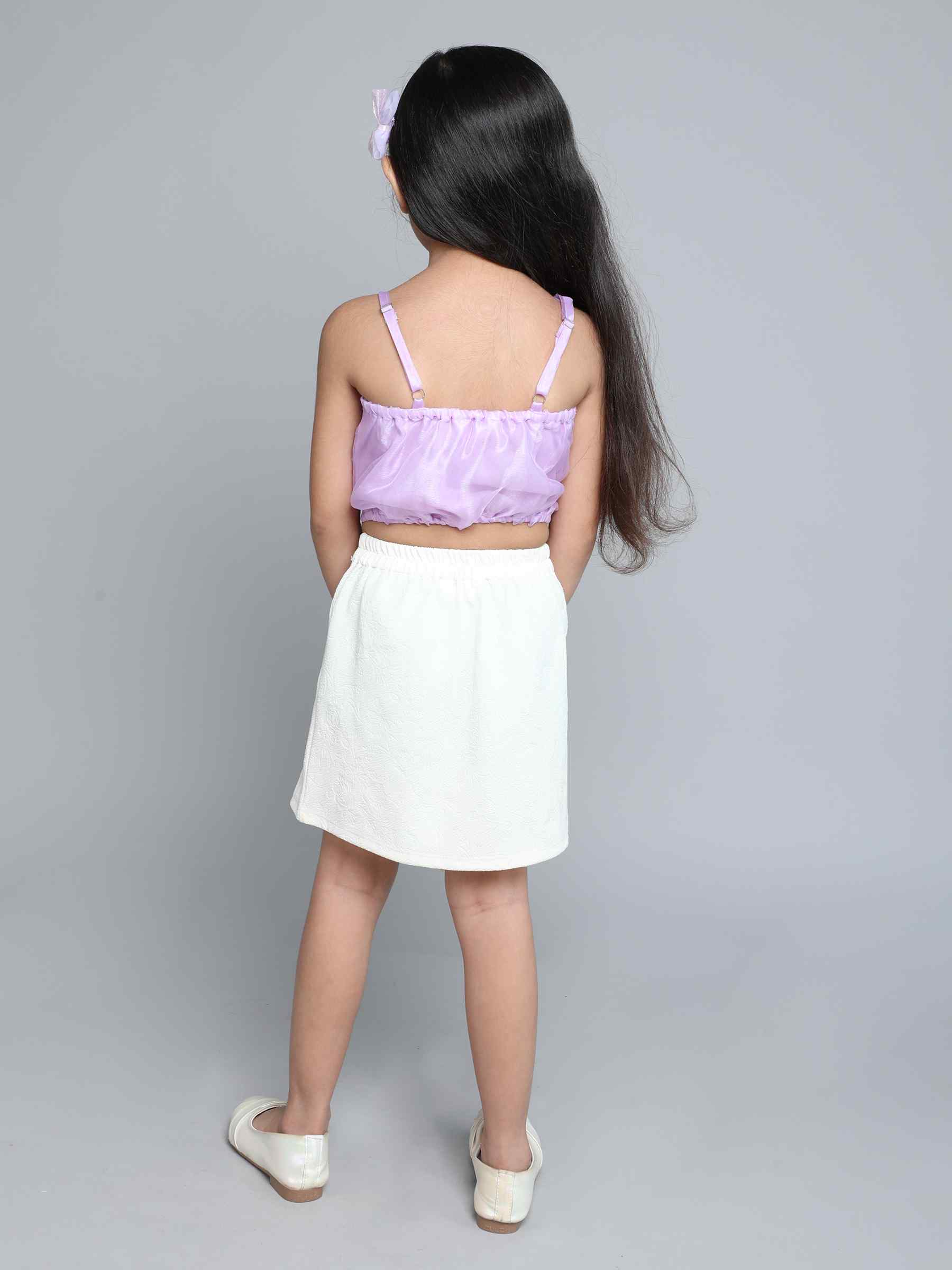 rose detail singlet party crop top and emboss skirt set-Purple/white