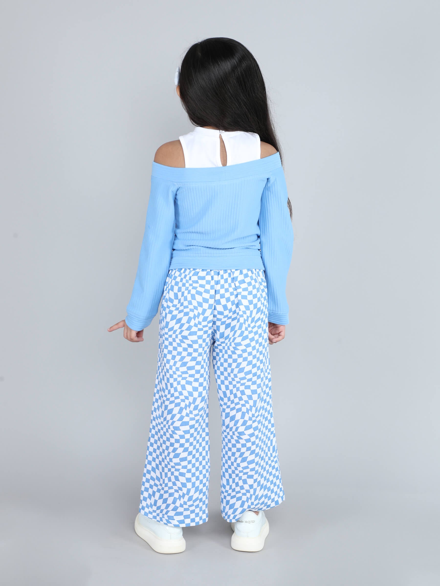 color block off- shoulder rib top and checkered pattern pant set-Blue/white