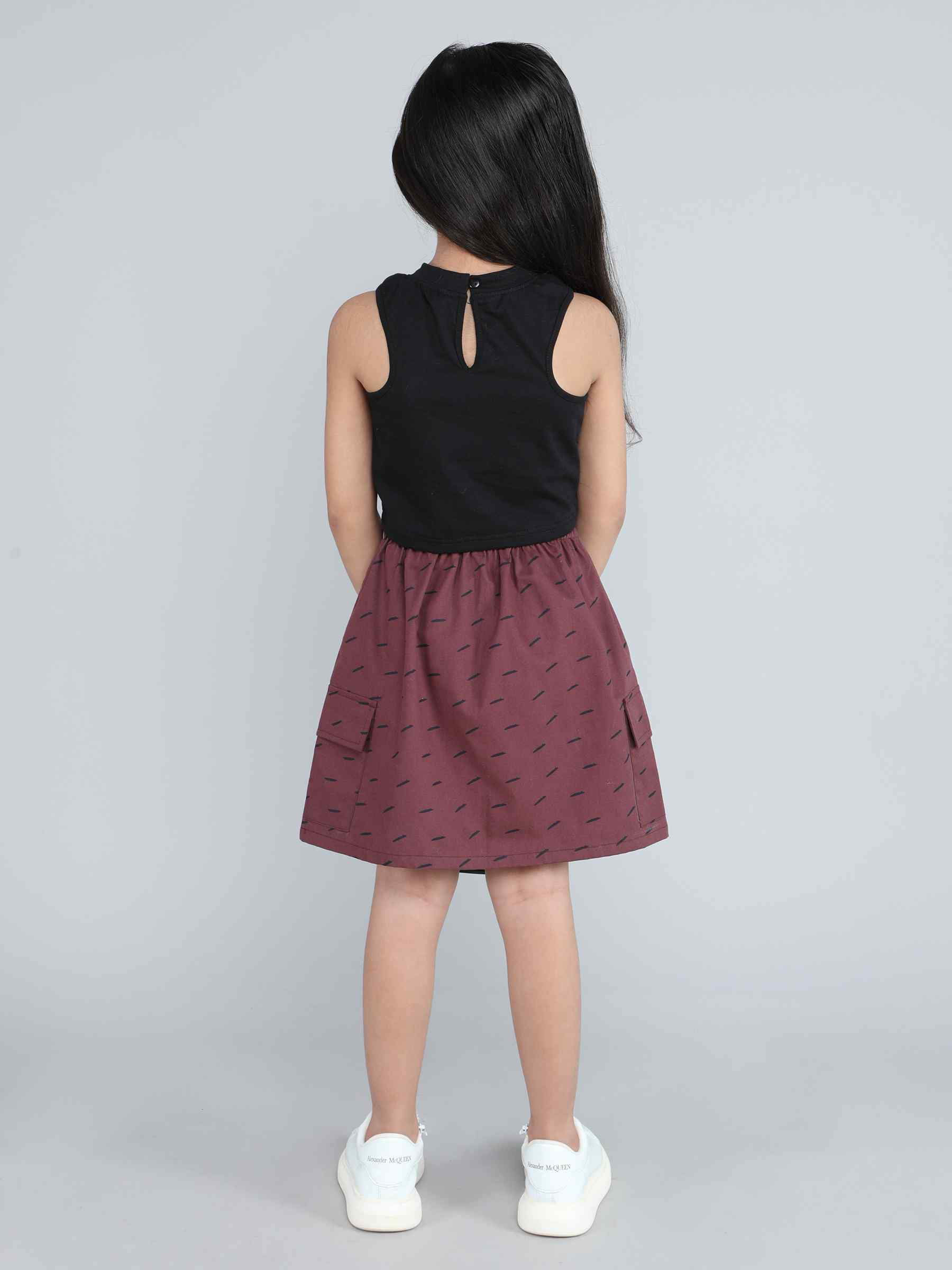 solid tank top with cargo skirt set - Black/wine