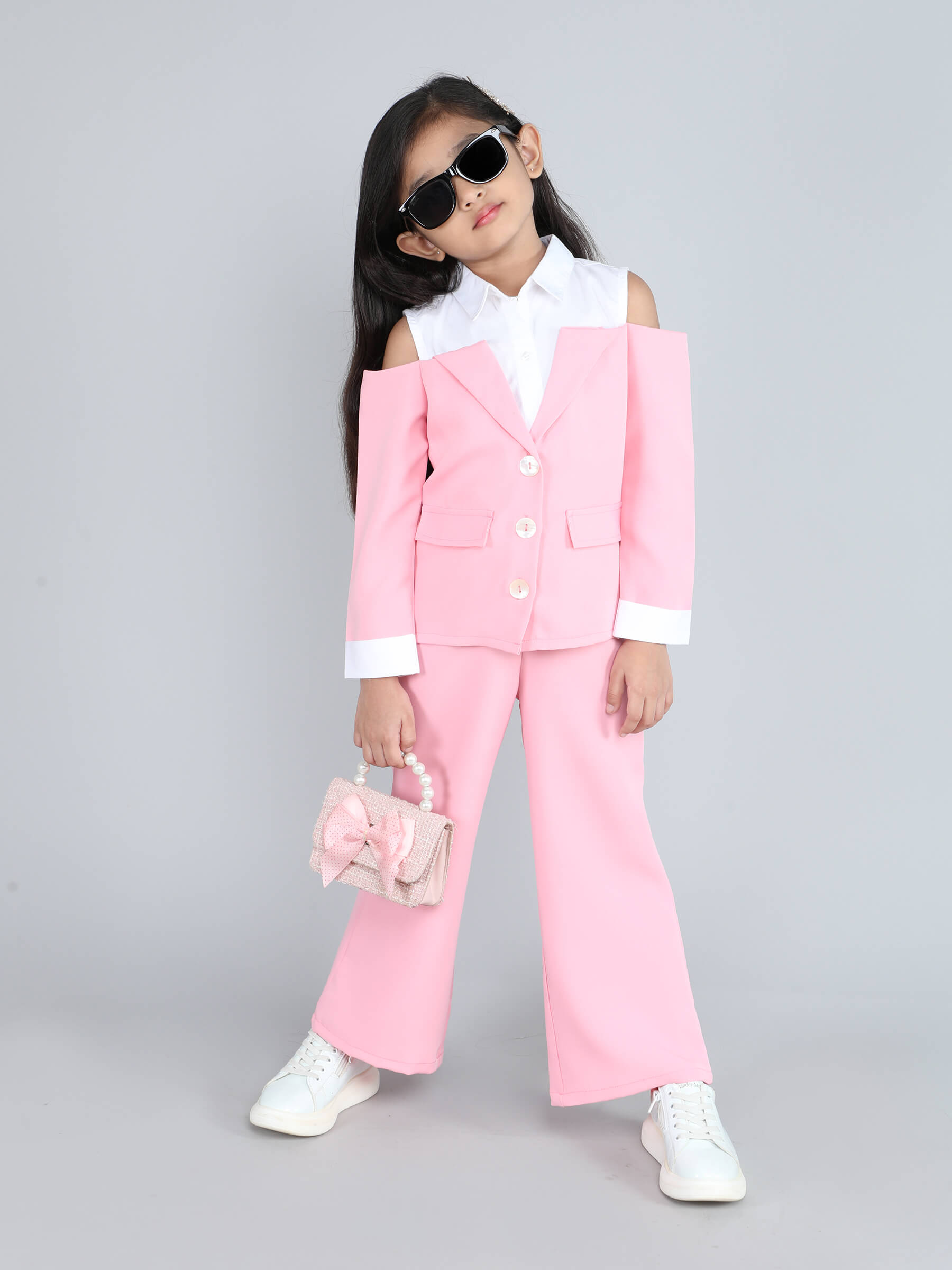 Full sleeves cold shoulder shirt blazer top and matching pant set - Pink & White