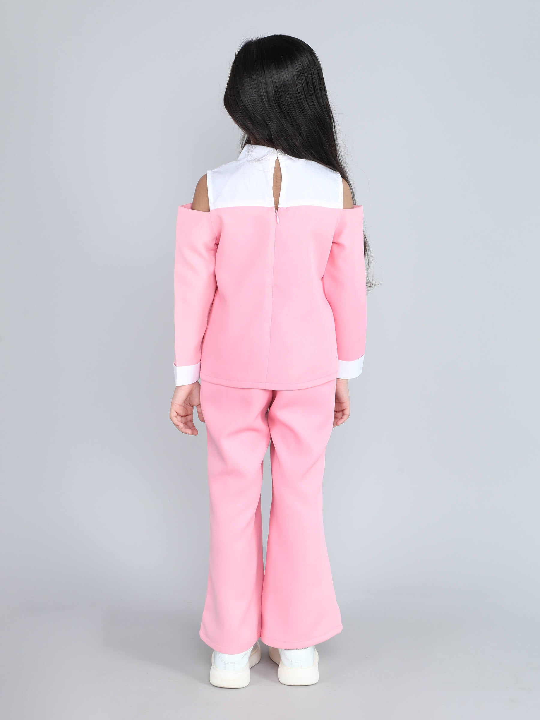 Full sleeves cold shoulder shirt blazer top and matching pant set - Pink & White