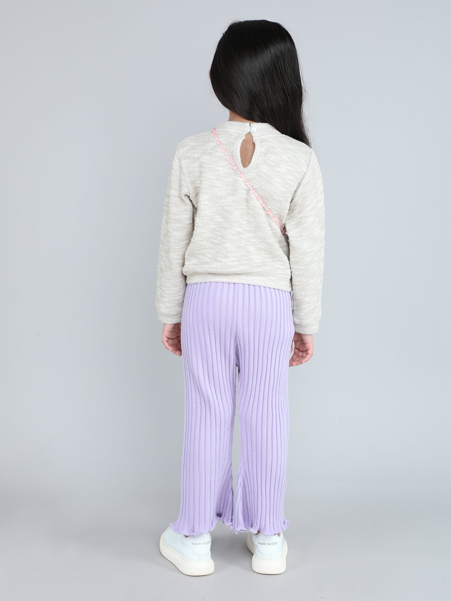 Full Length Solid Sweater Knit Woollen rib Pants - Lilac