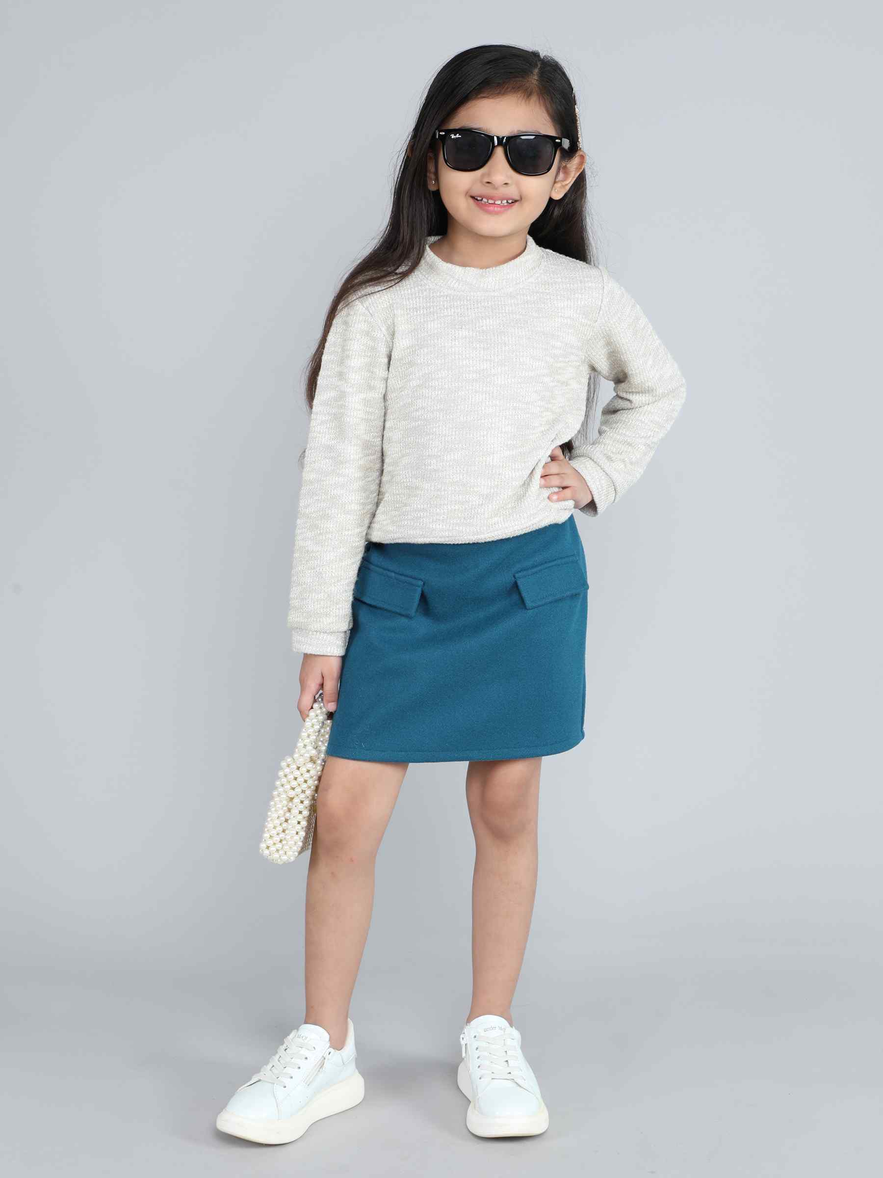 full sleeves sweatshirt and detail skirt set-Golden/Green