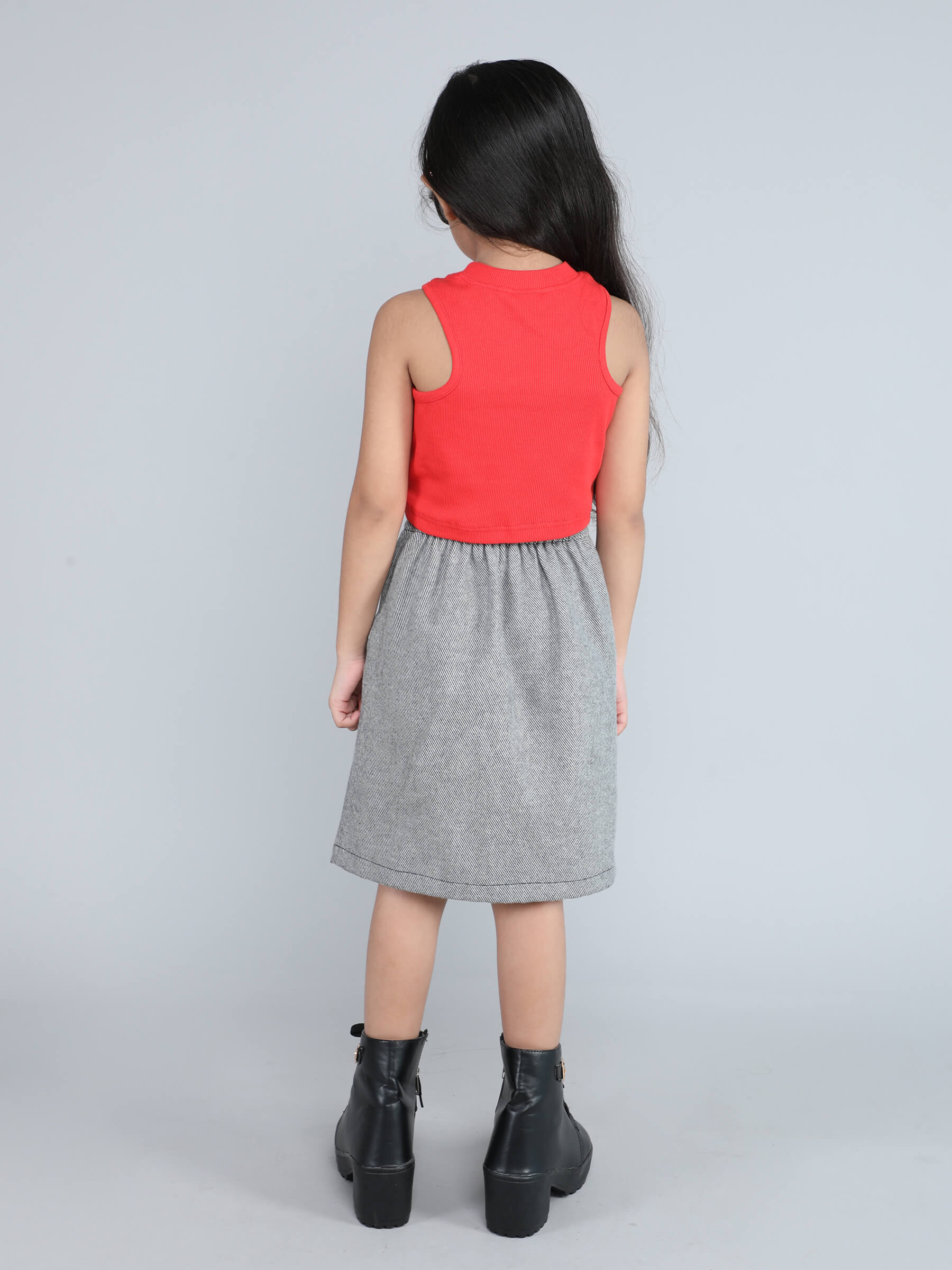 sleeveless crop top and twill flannel long skirt set-red/grey