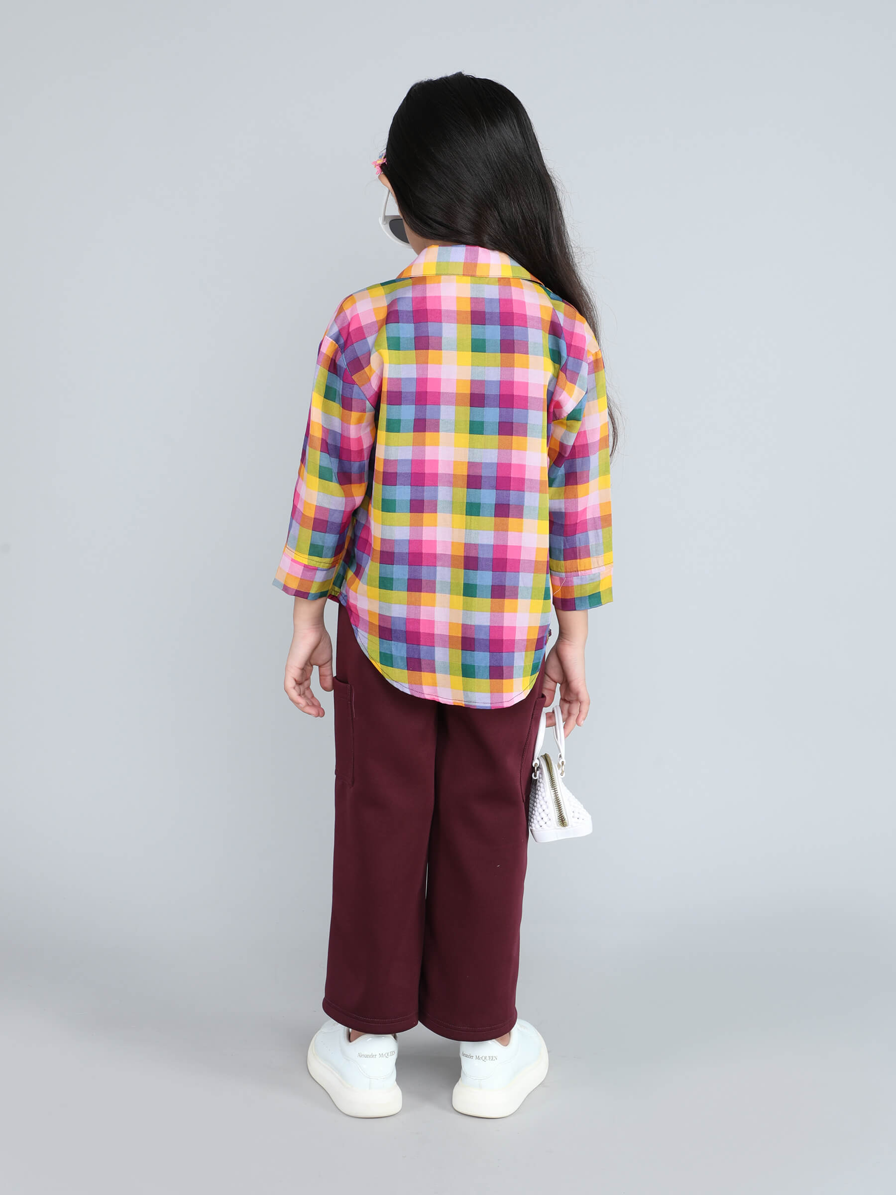 Oversized checks printed shirt and cargo pant set with solid crop top-Multi