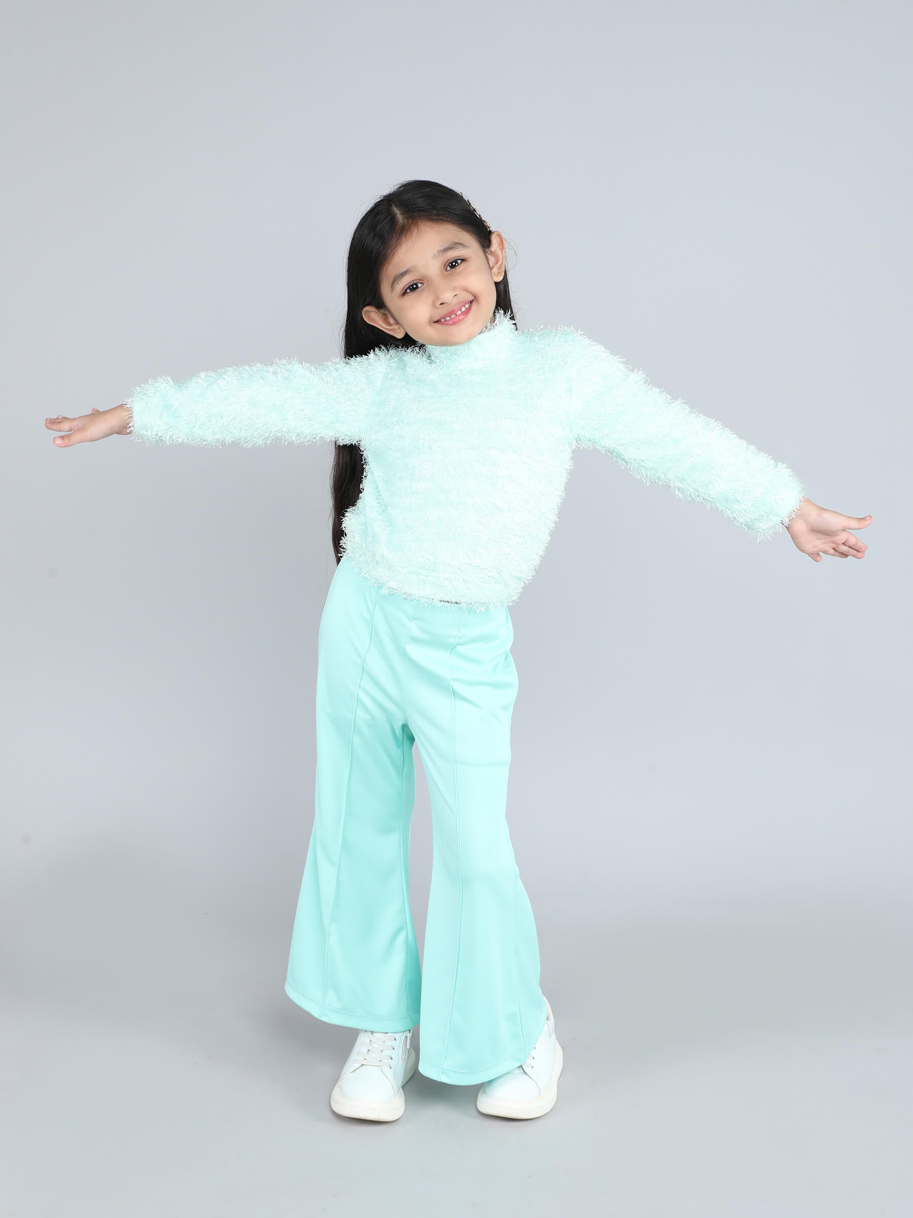 fur full sleeves party sweatshirt and solid pant set-Green/Aqua