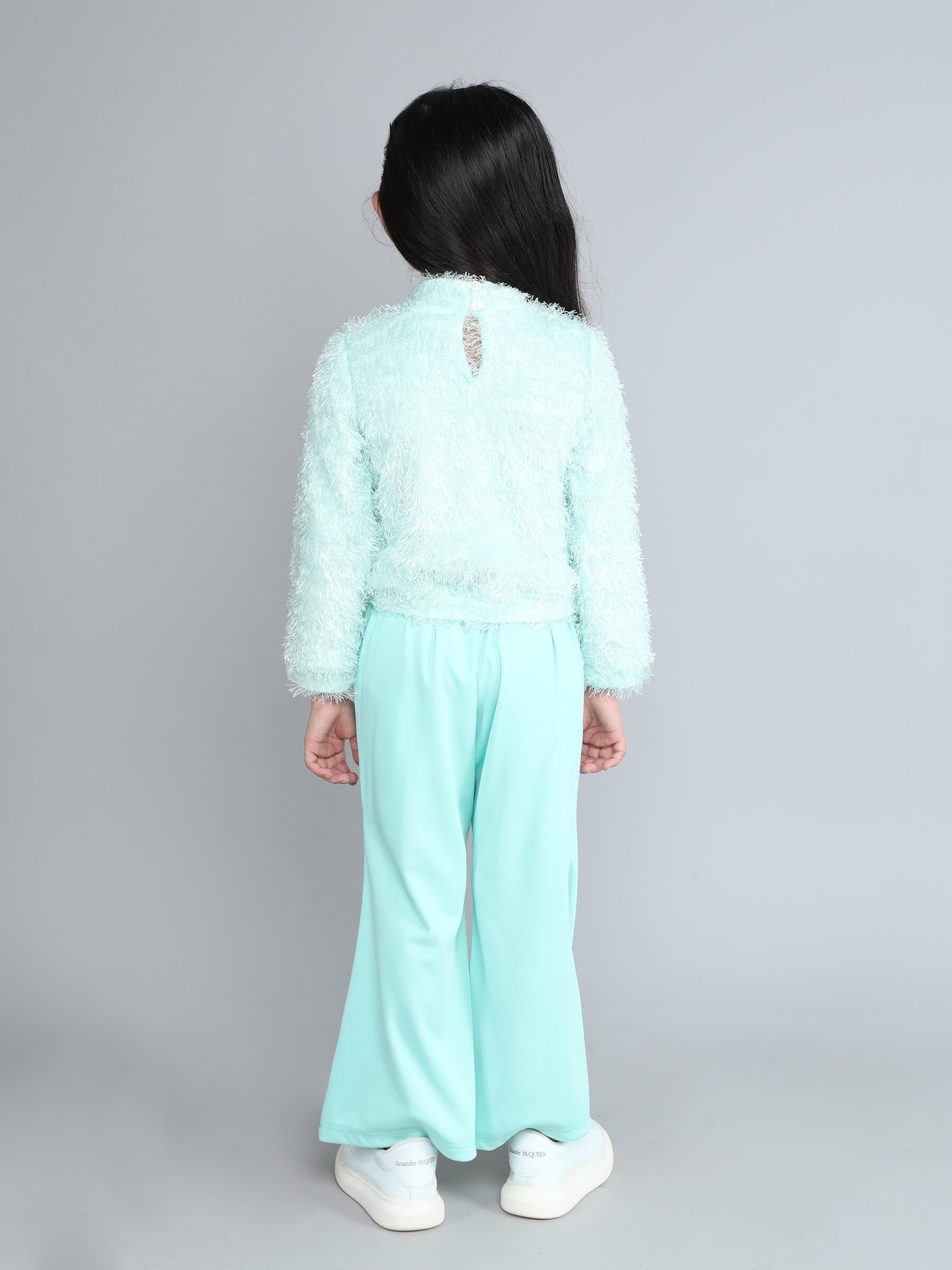 fur full sleeves party sweatshirt and solid pant set-Green/Aqua