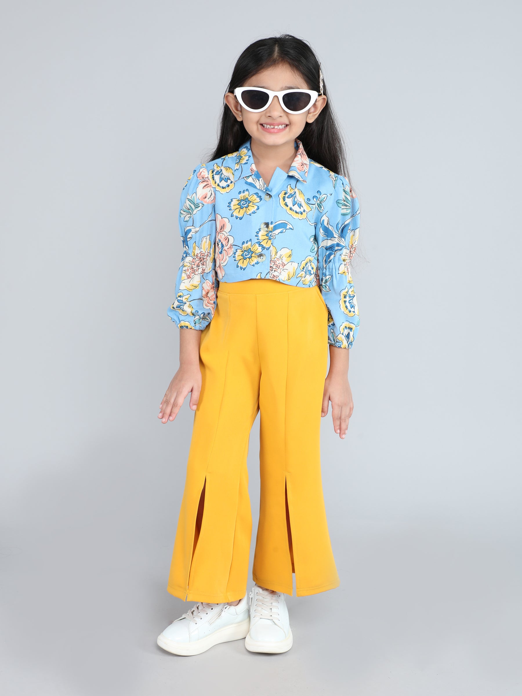 rayon puff sleeve crop shirt with front slited pant set - Blue / Yellow