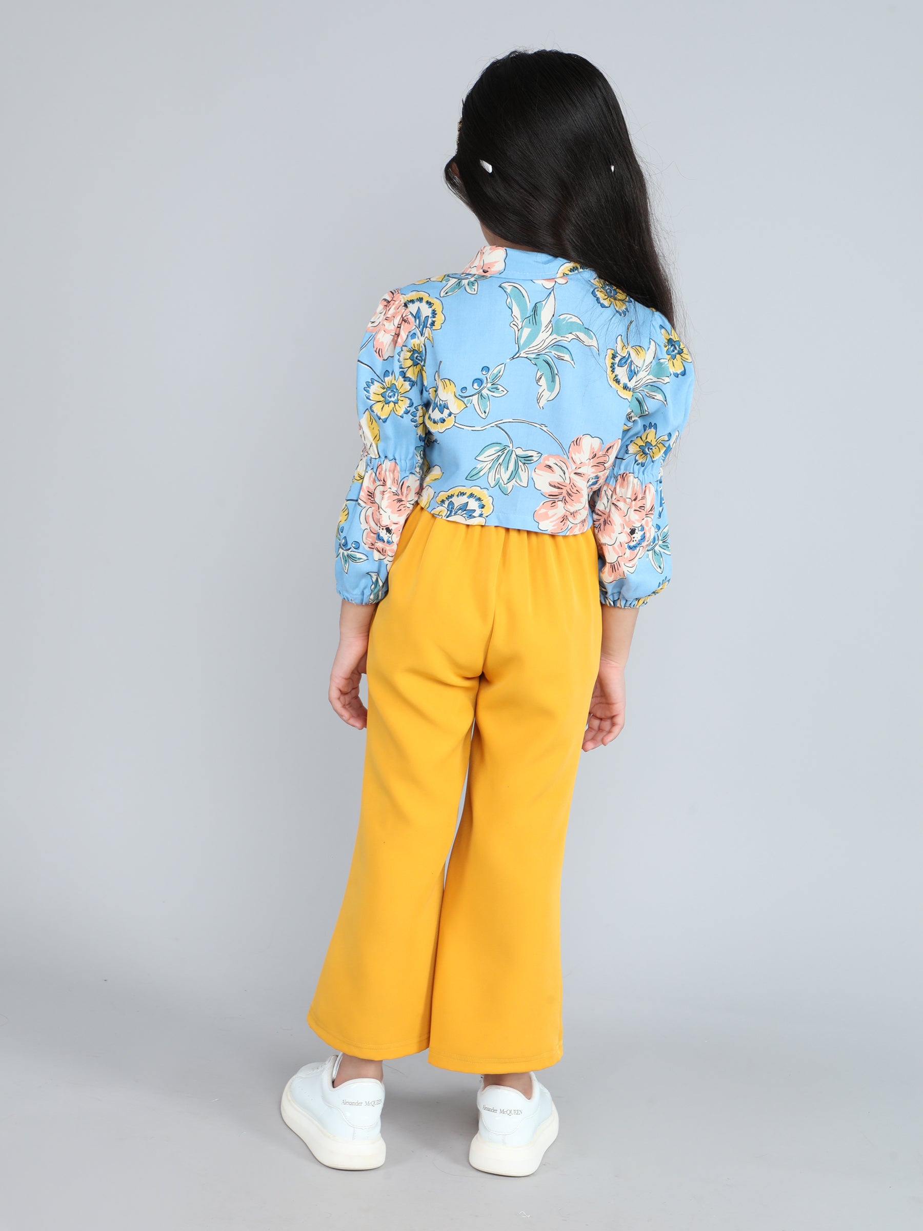 rayon puff sleeve crop shirt with front slited pant set - Blue / Yellow