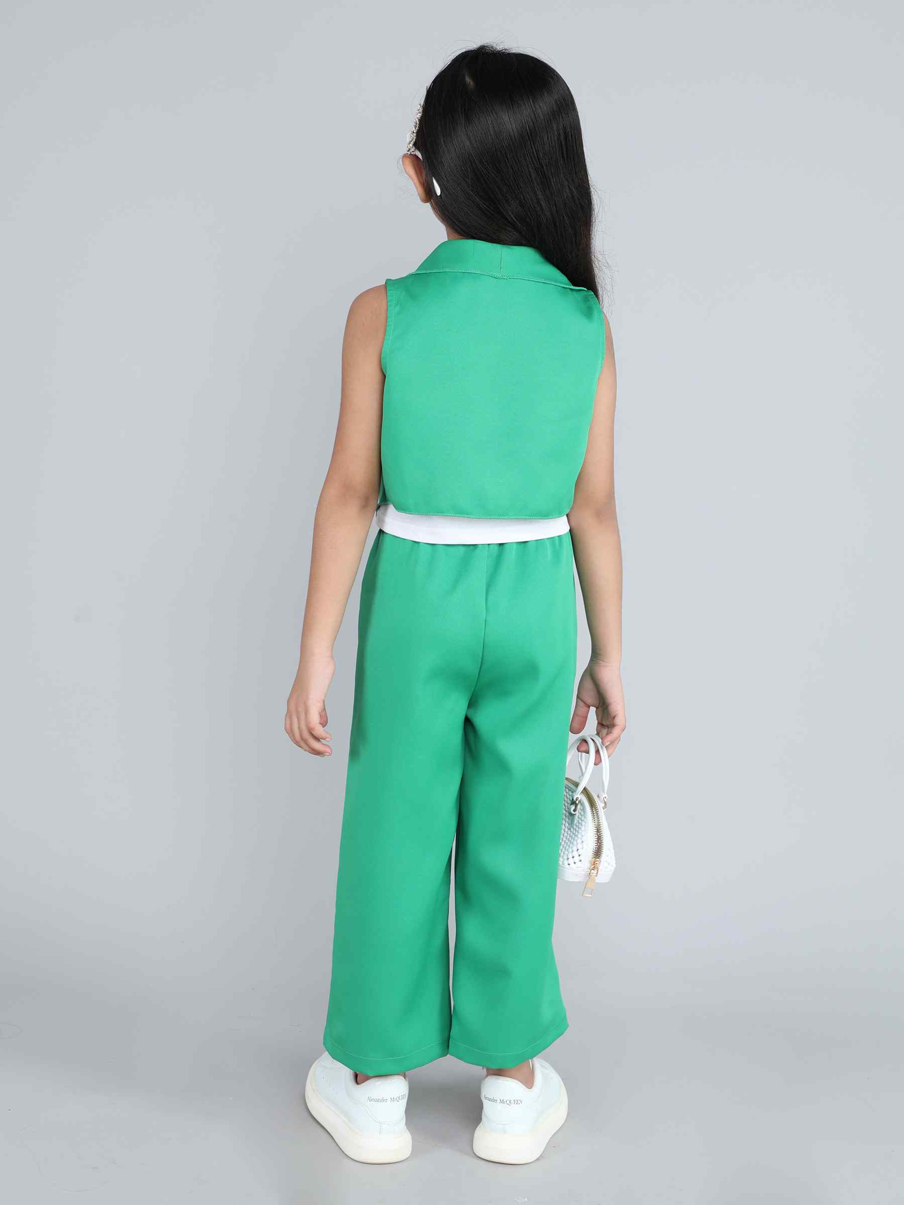 sleeveless crop waterfall jacket with matching pant and solid singlet crop top set-Green/White