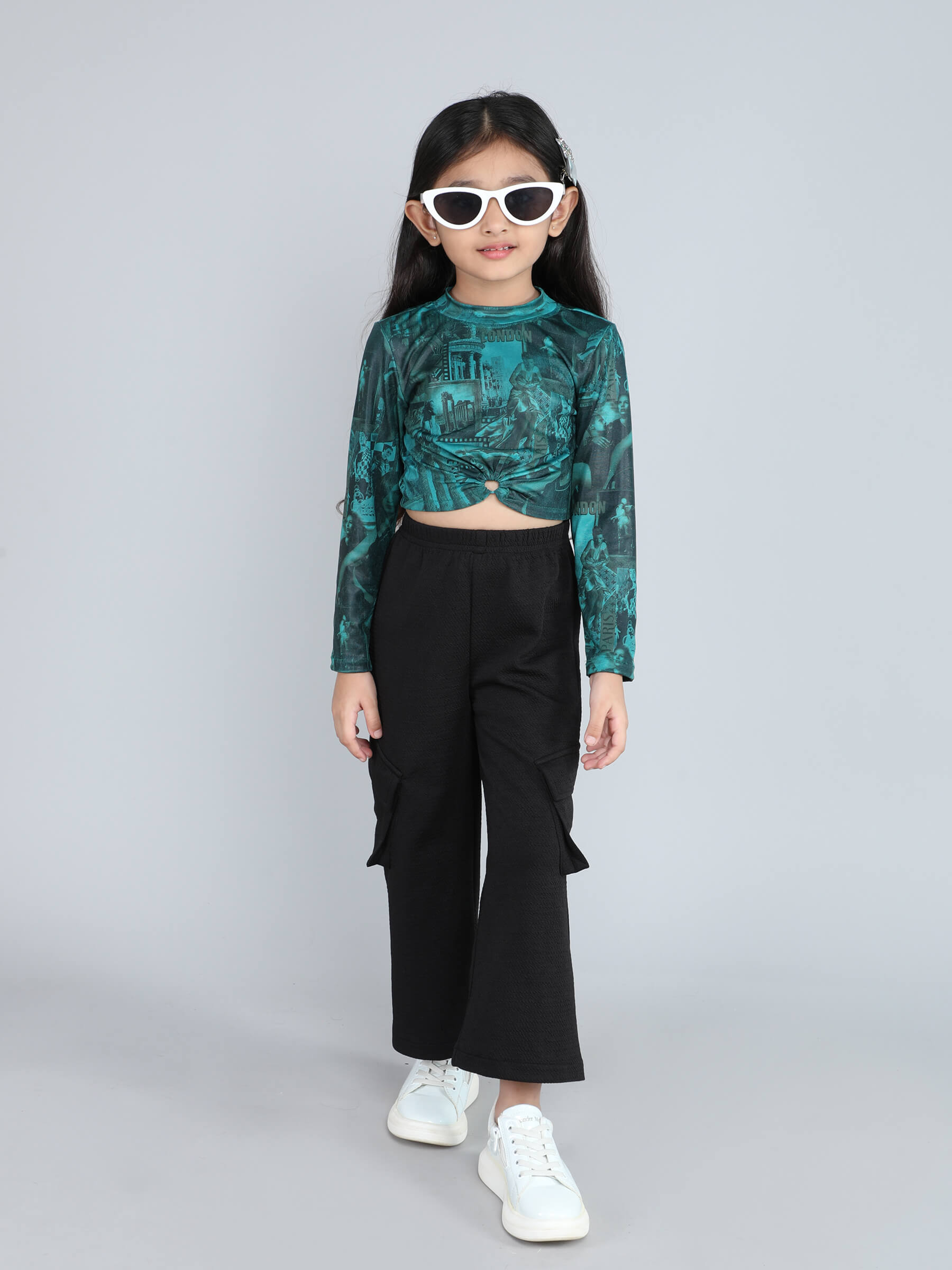 graphic printed full sleeves ring cut out crop top and cargo pant set-Green/Black