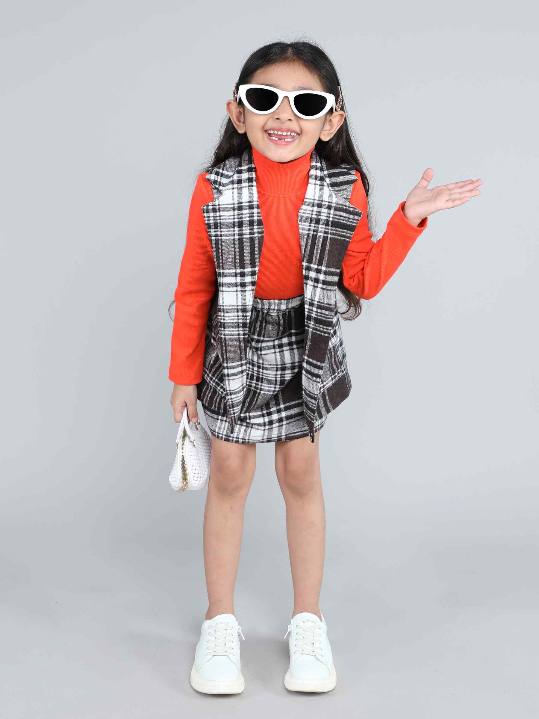 plaid sleeveless long jacket with matching skirt and full sleeves crop top set-Black/Orange