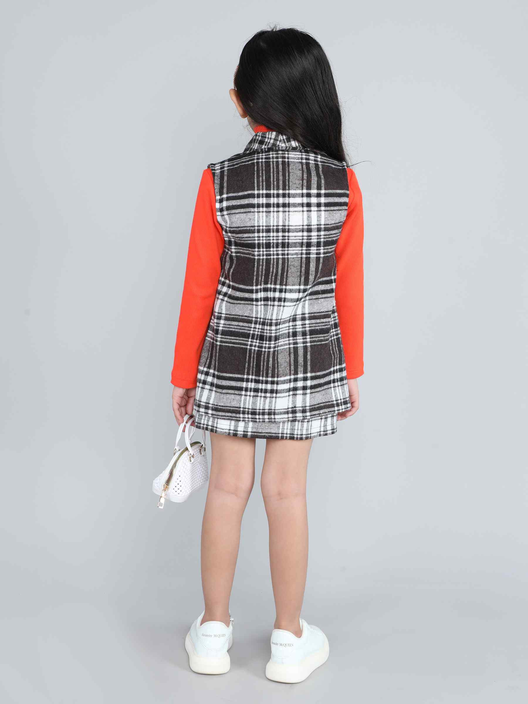 plaid sleeveless long jacket with matching skirt and full sleeves crop top set-Black/Orange