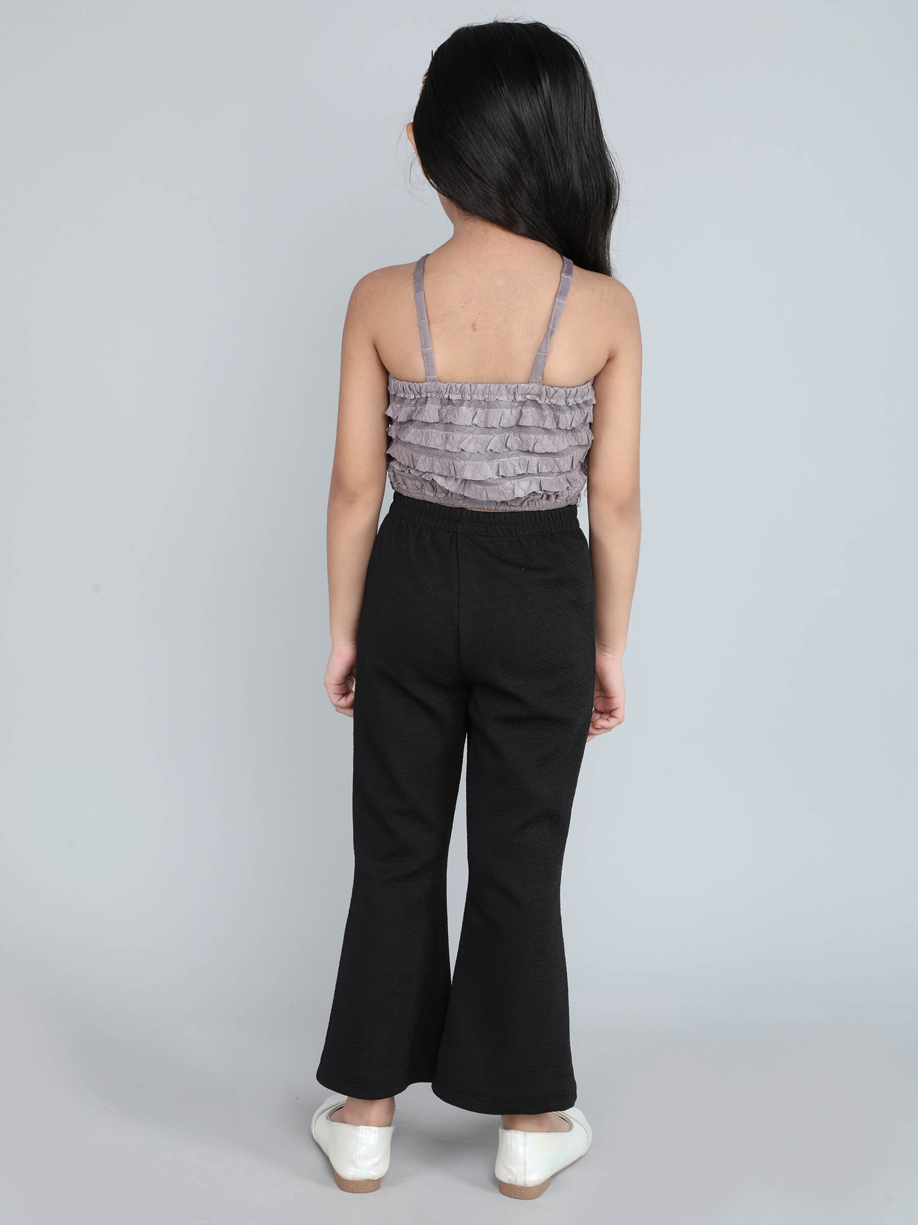 ruffle halter neck back tie up party crop top and solid pant set-Brown/Black