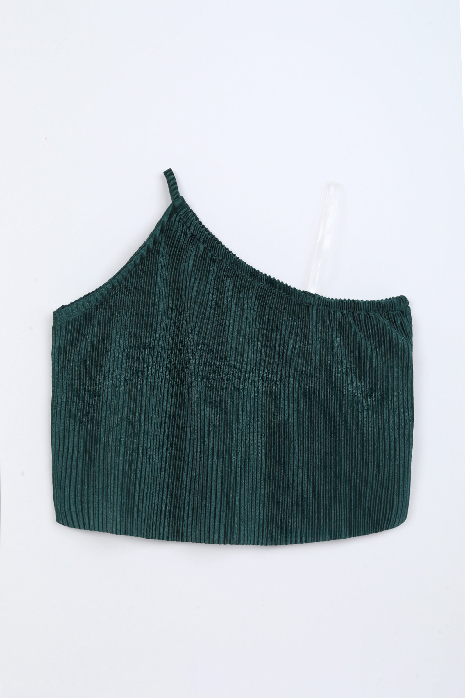 Satin pleated one shoulder Aline party crop top-Dark green