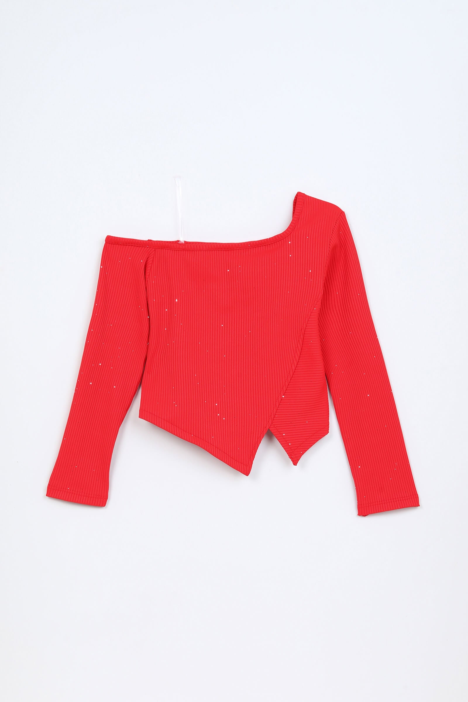 Rib One shoulder Solid Asymmetrical style Top- Red