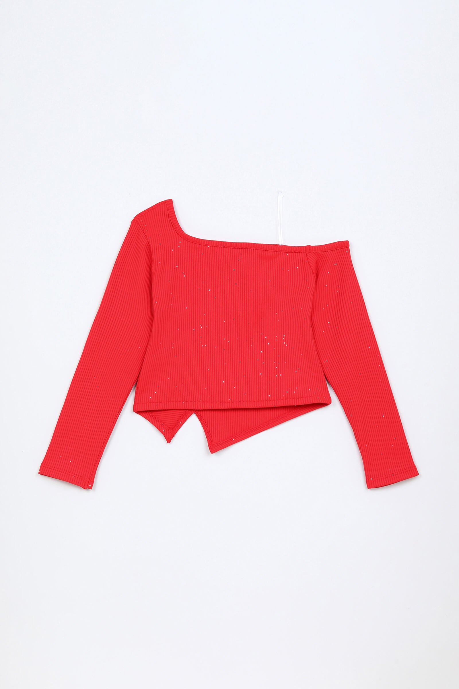 Rib One shoulder Solid Asymmetrical style Top- Red