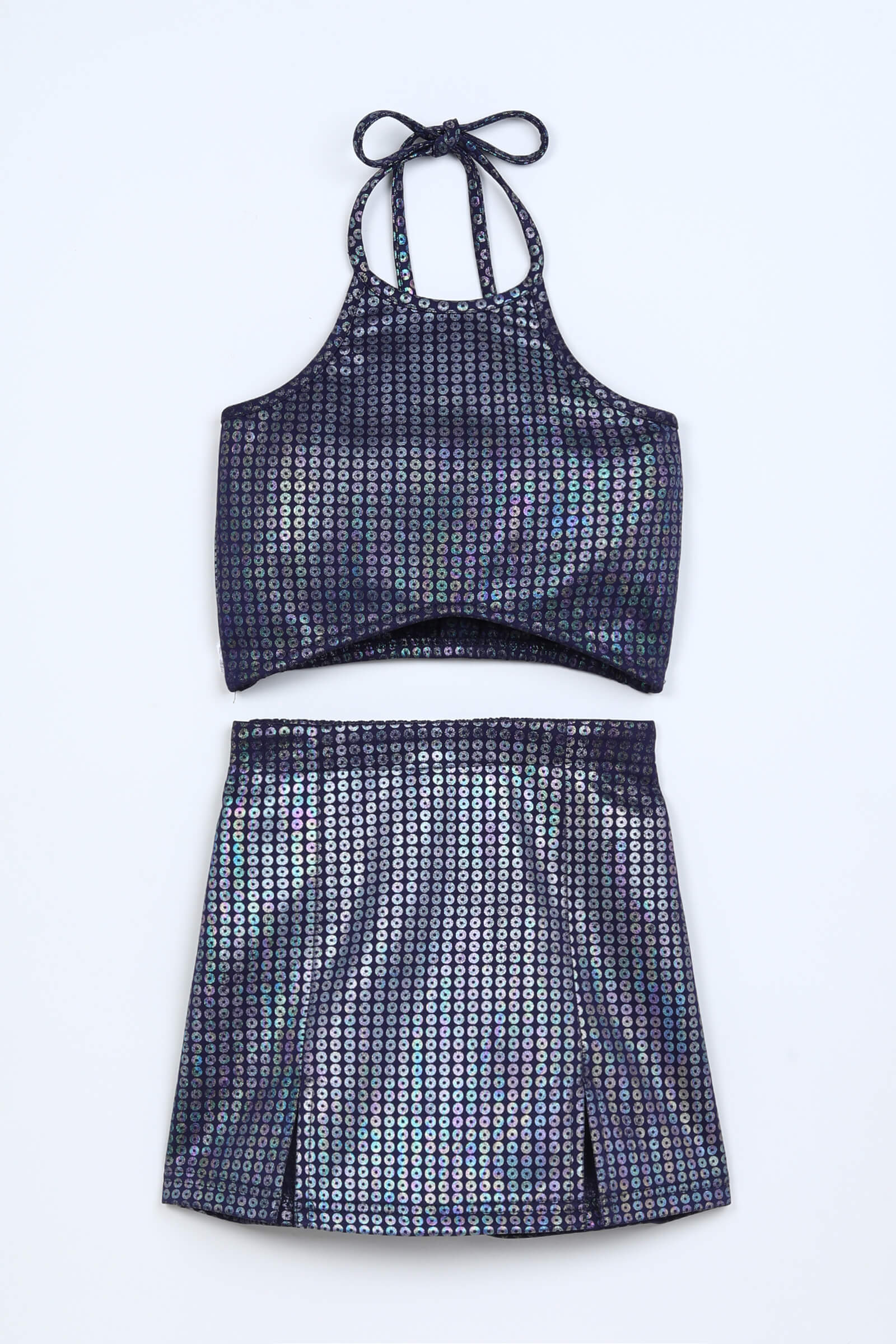 Woven Sleeveless Foil Printed Asymmetric Waist Crop top and Skirt Set - Navy/Multi