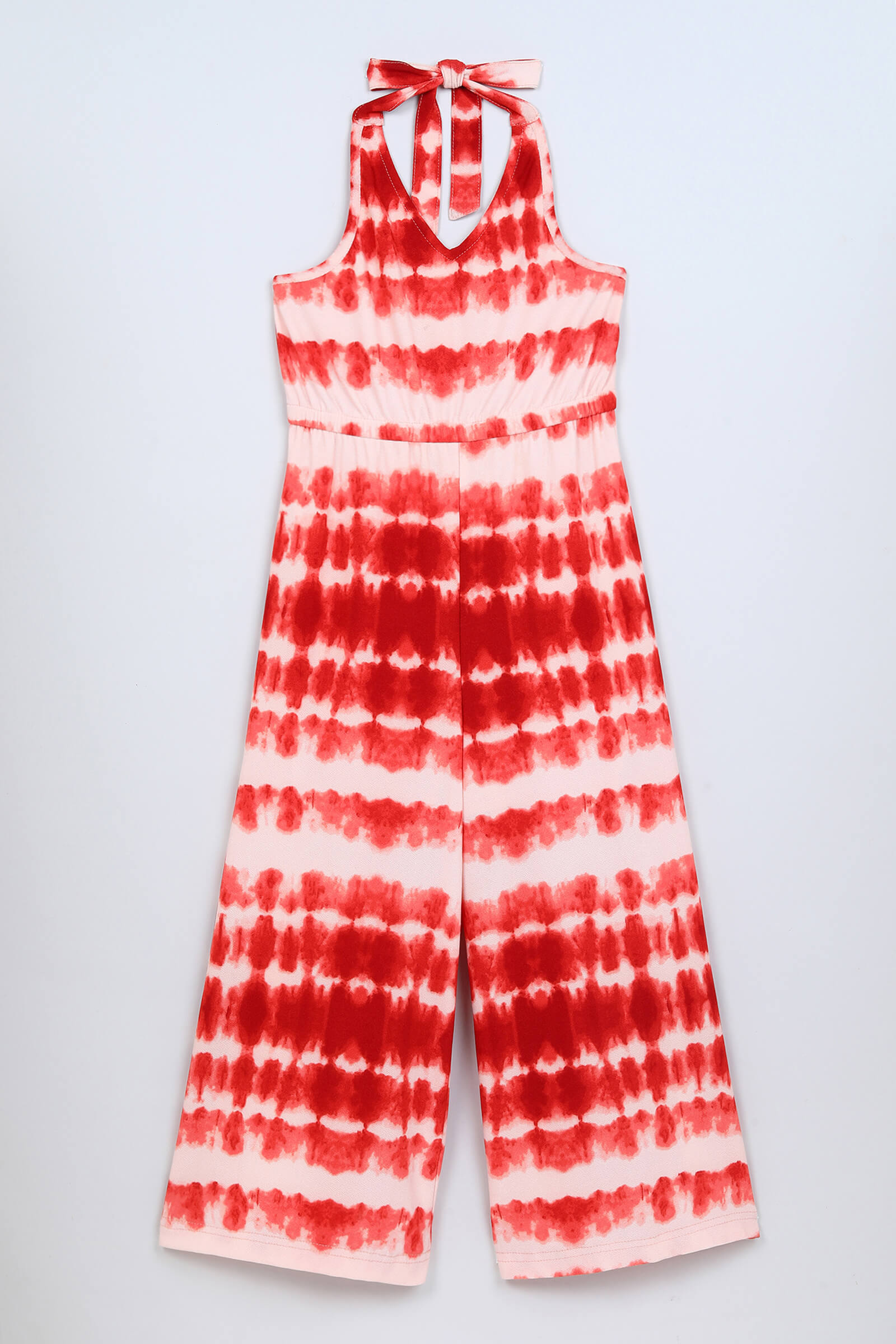 Knit Sleeveless Printed Halter neck Jumpsuit - Orange and White