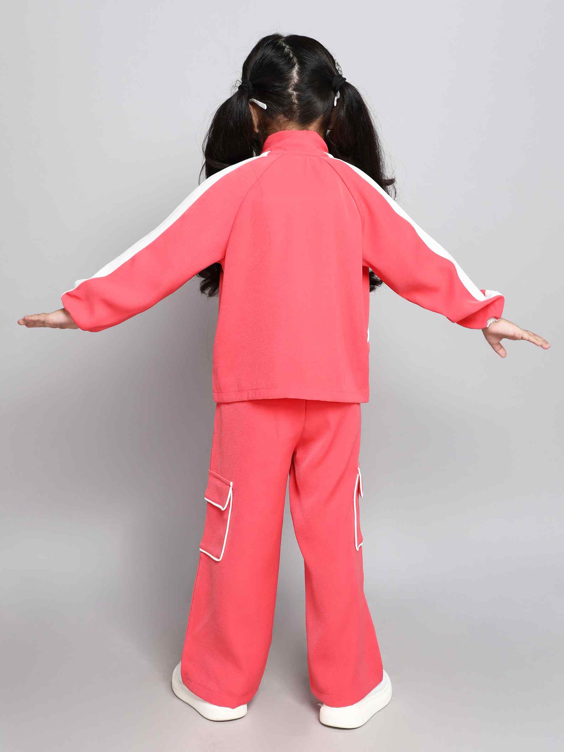 applique full sleeves pocket detail jacket with matching cargo pant and solid Singlet crop top set-Coral /white