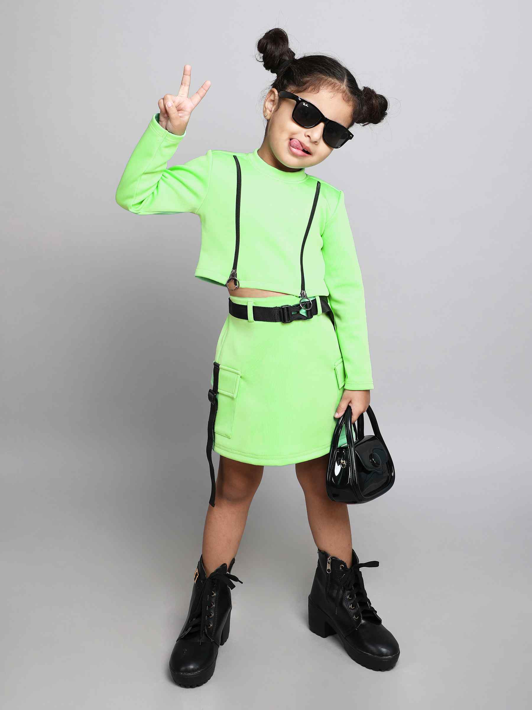 zipper detail full sleeves crop top and tape detail skirt set-Neon green