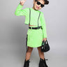 zipper detail full sleeves crop top and tape detail skirt set-Neon green