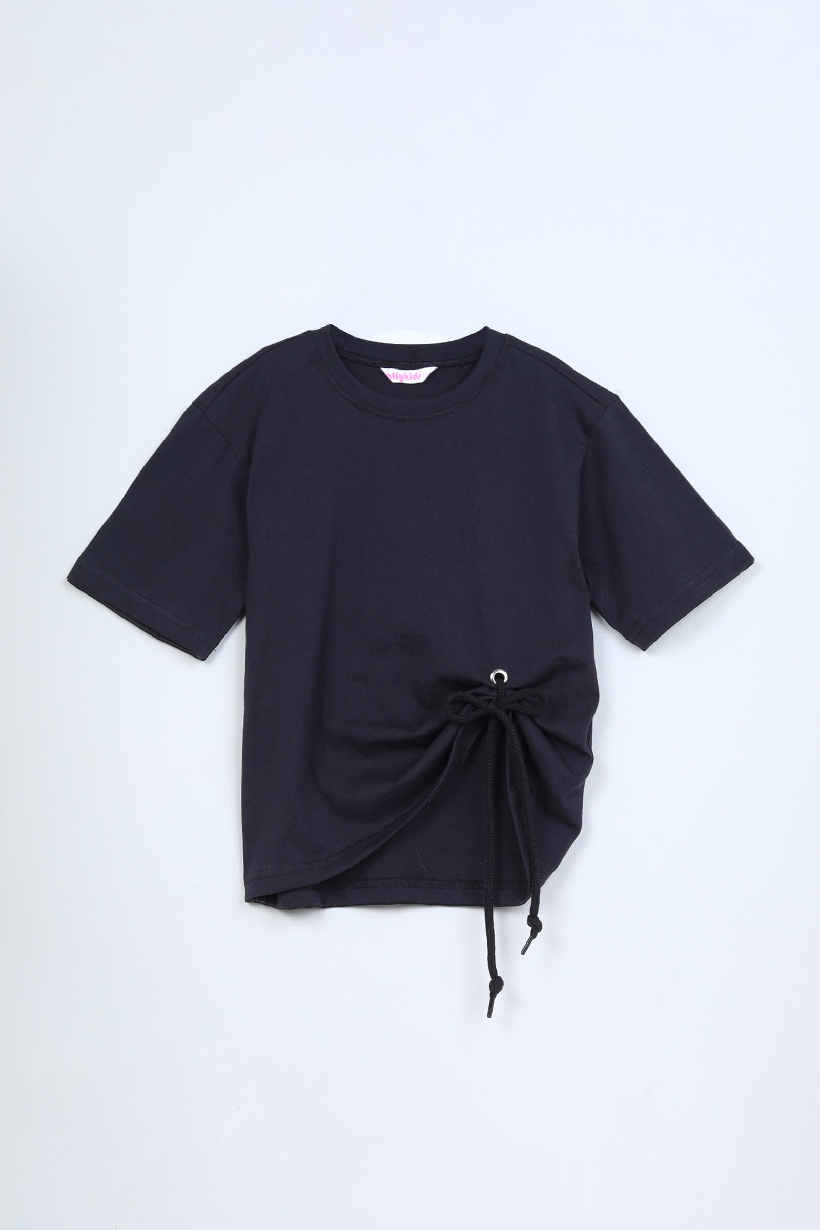 Solid tie up detail T-shirt with Sequin skirt set - Black/Silver