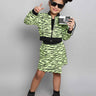 animal printed full sleeves bomber jacket with matching skort and singlet crop top set-Neon green/Black